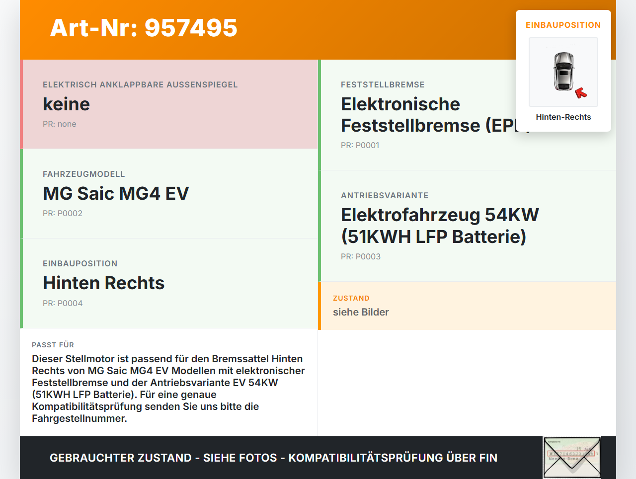 MG Saic MG4 EV EV  54KW Stellmotor Parkbremse Bremssattel Hinten Rechts MG Saic MG4 EV 25.11.2022 10935920... Vorschau 3