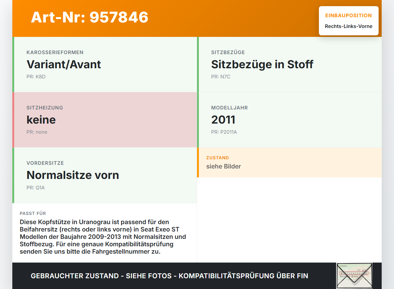 Seat Exeo ST 09-13 Kombi Kopfstütze für Beifahrer Sitz Rechts oder Links Vorne Uranograu Seat Exeo ST 09-13... Vorschau 3