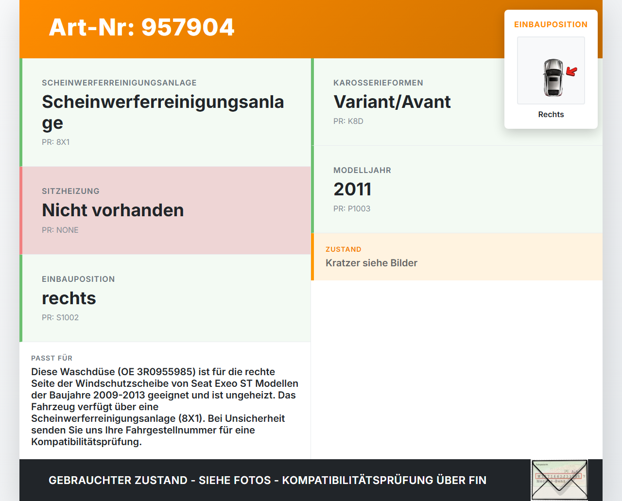 Seat Exeo ST 09-13 Waschdüse für Windschutzscheibe WS Rechts Seat Exeo ST 09-13 22.06.2011 3R0955985 gebraucht Vorschau 3