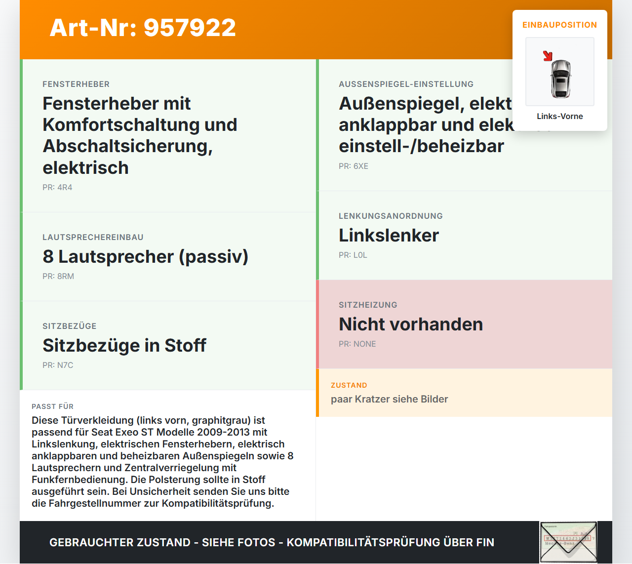 Seat Exeo ST 09-13 Kombi Türverkleidung Türpappe Links Vorne Graphitgrau Seat Exeo ST 09-13 22.06.2011 3R1867105E... Vorschau 3