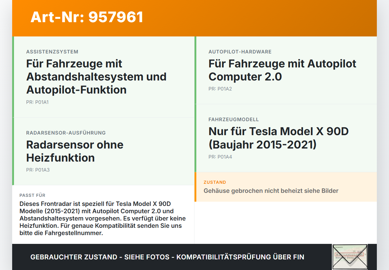 Tesla Model X 90D 15-21  Elektro EV KW Radar Frontradar für Abstandshaltesystem Tesla Model X 90D 15-21 19.05.2017... Vorschau 3