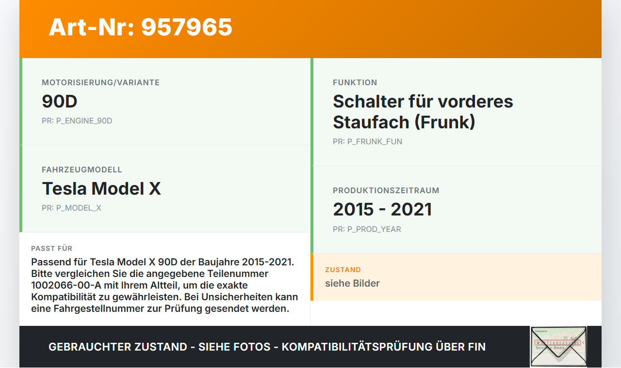 Tesla Model X 90D 15-21 Schalter Öffner für Frunk Vorderes Staufach Tesla Model X 90D 15-21 19.05.2017 1002066-00-A... Vorschau 3