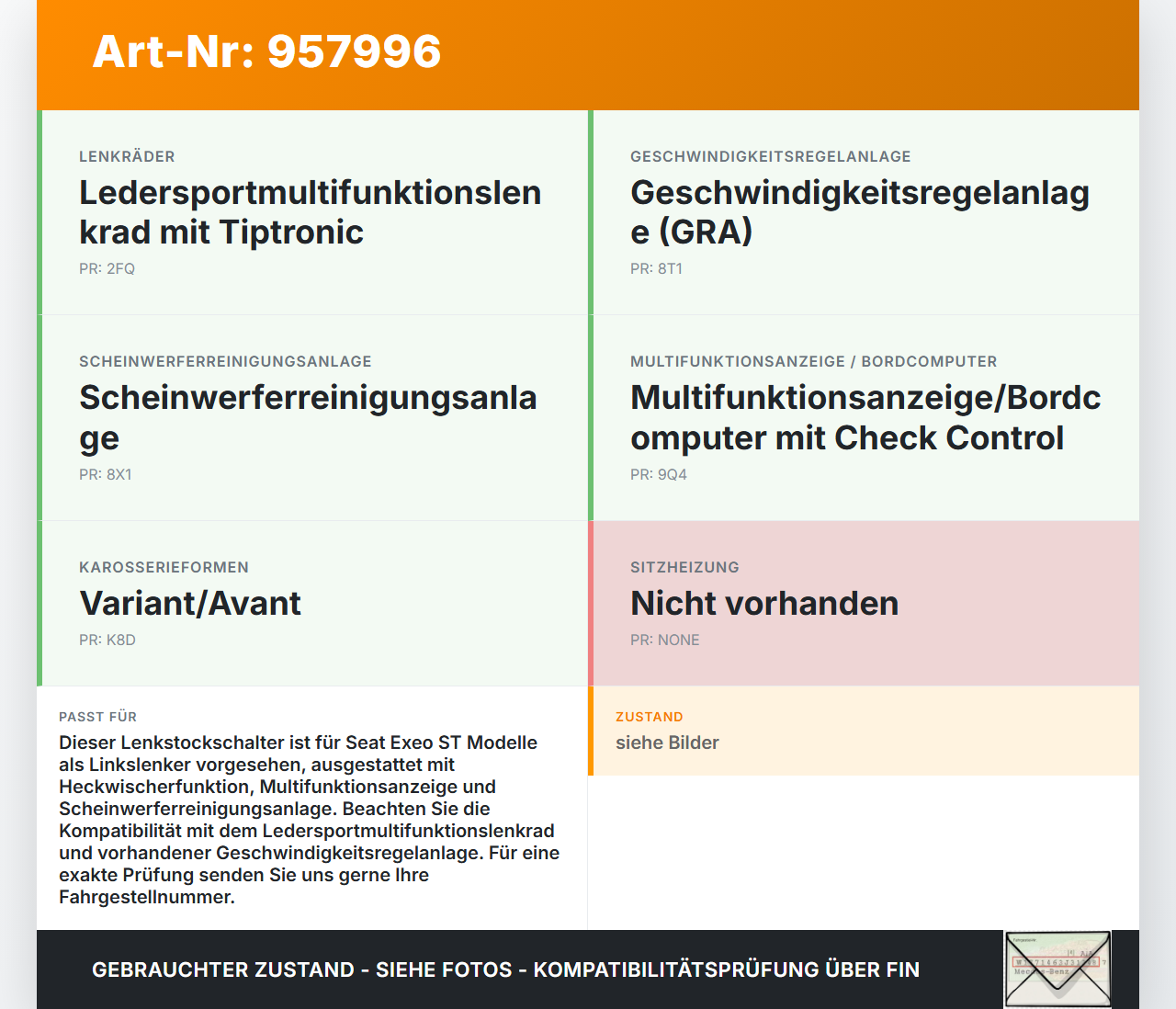 Seat Exeo ST 09-13 Lenkstockschalter Wischerschalter Wischer Seat Exeo ST 09-13 22.06.2011 4E0953503G K0310003861... Vorschau 3