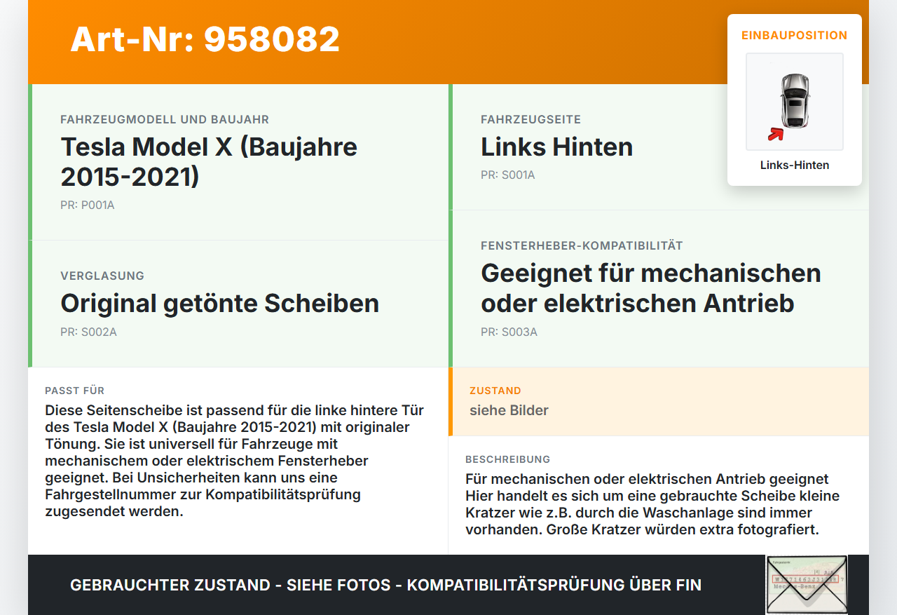 Tesla Model X 90D 15-21 Seitenscheibe LHK für Tür Fenster Scheibe Links Hinten Orig. getönt Tesla Model X 90D 15-21... Vorschau 3
