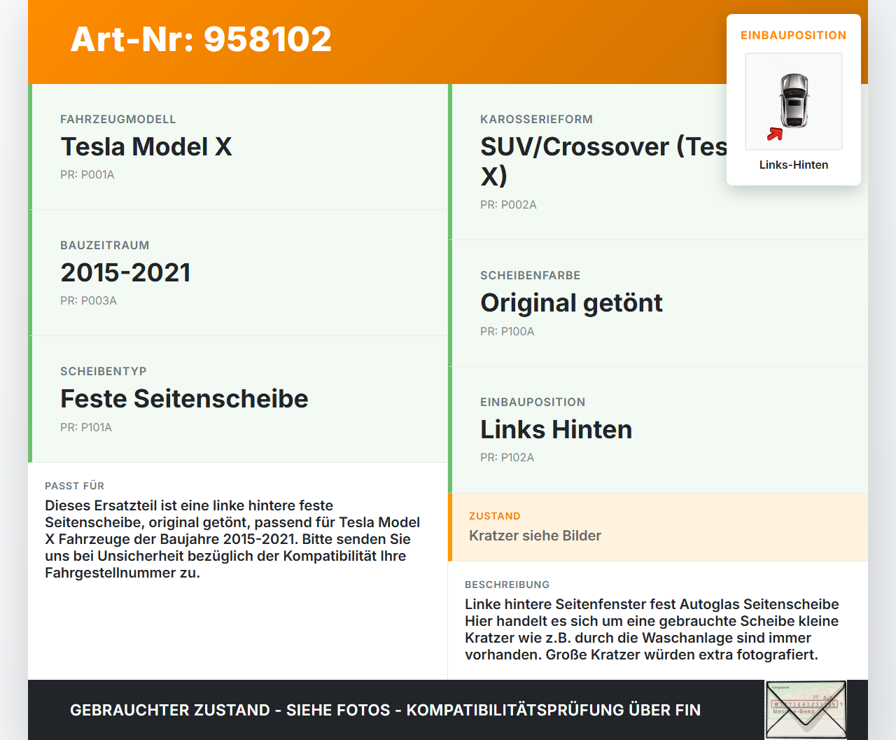 Tesla Model X 90D 15-21 Seitenscheibe Feste Scheibe Links Hinten Orig. getönt Tesla Model X 90D 15-21 19.05.2017... Vorschau 3