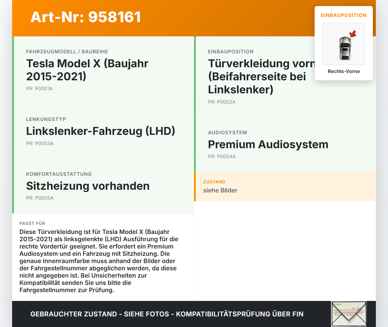 Tesla Model X 90D 15-21 Türverkleidung Türpappe Rechts Vorne Tesla Model X 90D 15-21 19.05.2017 gebraucht Vorschau 3