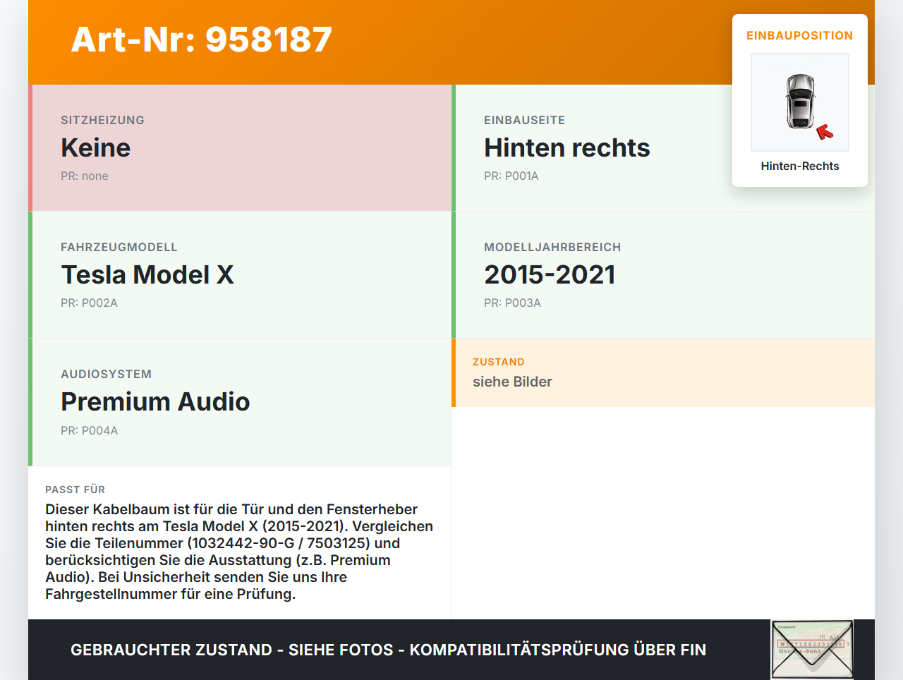 Tesla Model X 90D 15-21 Kabelbaum Leitungssatz für Tür und Fensterheber Hinten Rechts Tesla Model X 90D 15-21... Vorschau 3
