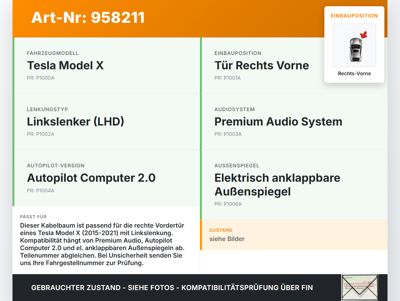 Tesla Model X 90D 15-21 Kabelbaum für Tür und Fensterheber Rechts Vorne Tesla Model X 90D 15-21 19.05.2017... Vorschau 3