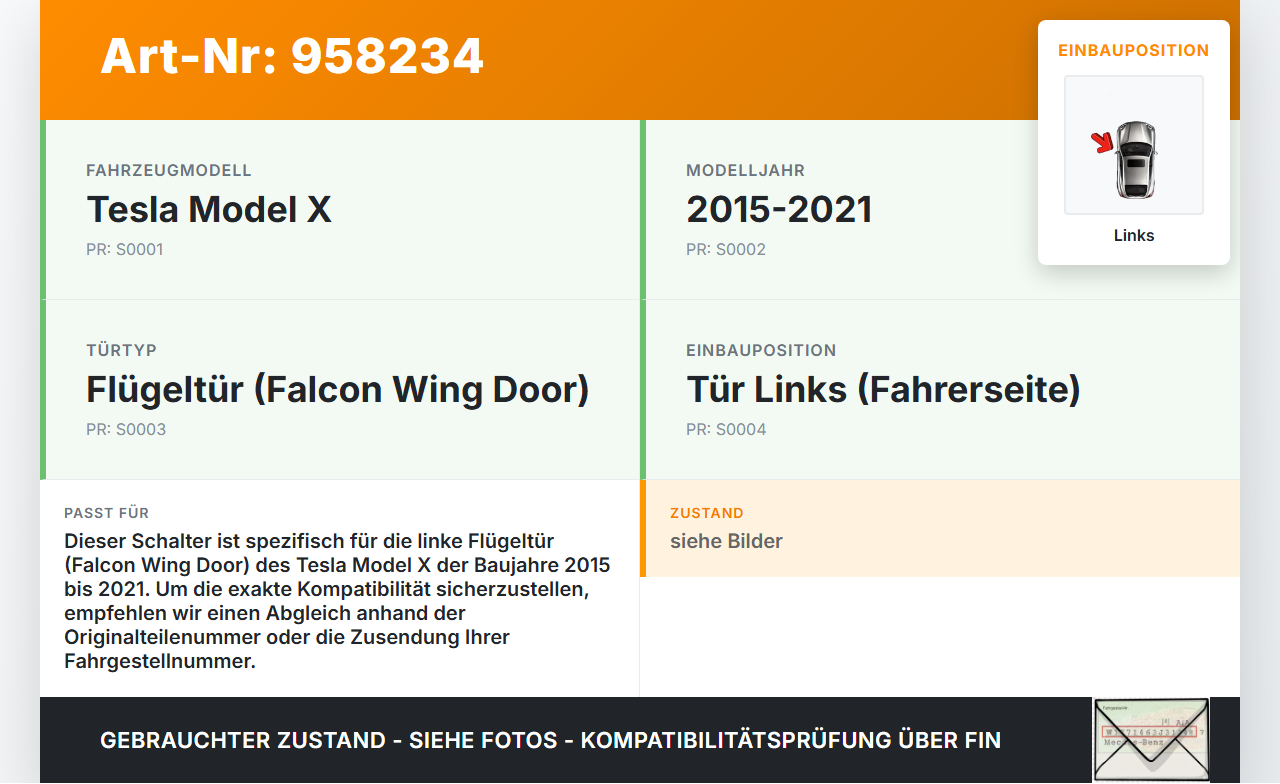 Tesla Model X 90D 15-21 Schalter Flügeltür Tür Links Tesla Model X 90D 15-21 19.05.2017 1038107-02-D gebraucht Vorschau 3