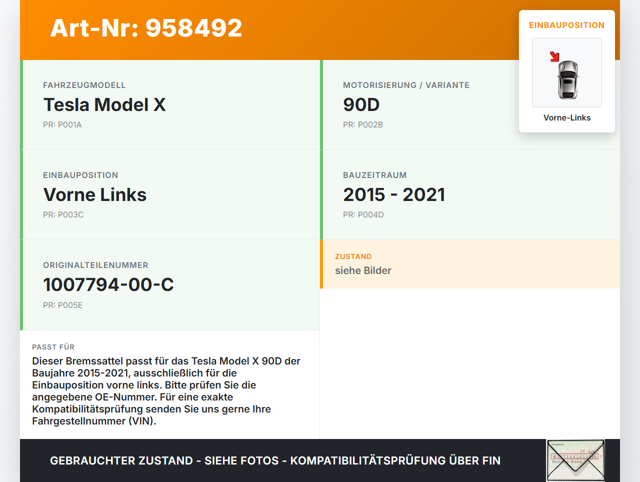 Tesla Model X 90D 15-21  Elektro EV KW Bremssattel Bremszange Vorne Links Tesla Model X 90D 15-21 19.05.2017... Vorschau 3