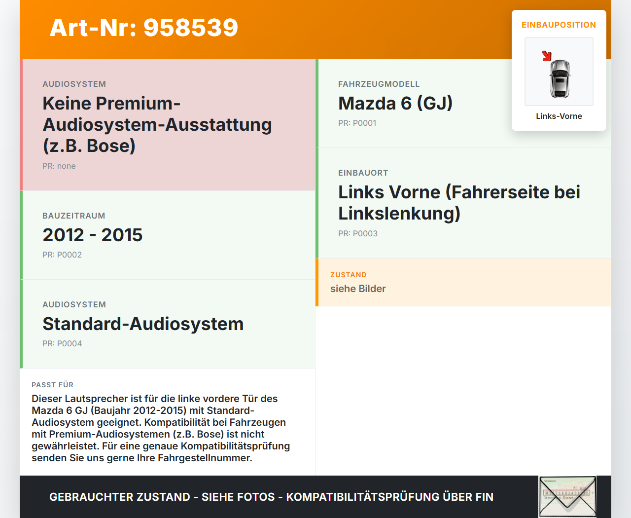 Mazda 6 GJ 12-15 Lautsprecher Links Vorne Mazda 6 GJ 12-15 30.01.2015 KD6266960 K06266960 gebraucht Vorschau 3