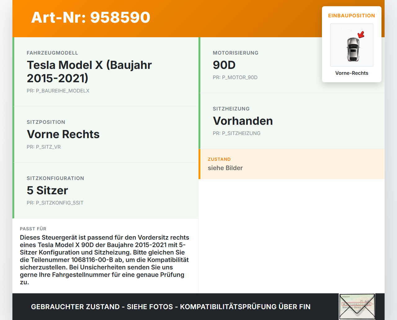 Tesla Model X 90D 15-21 Steuergerät SG ECU für Sitz Vorne Rechts Tesla Model X 90D 15-21 19.05.2017 1068116-00-B... Vorschau 3