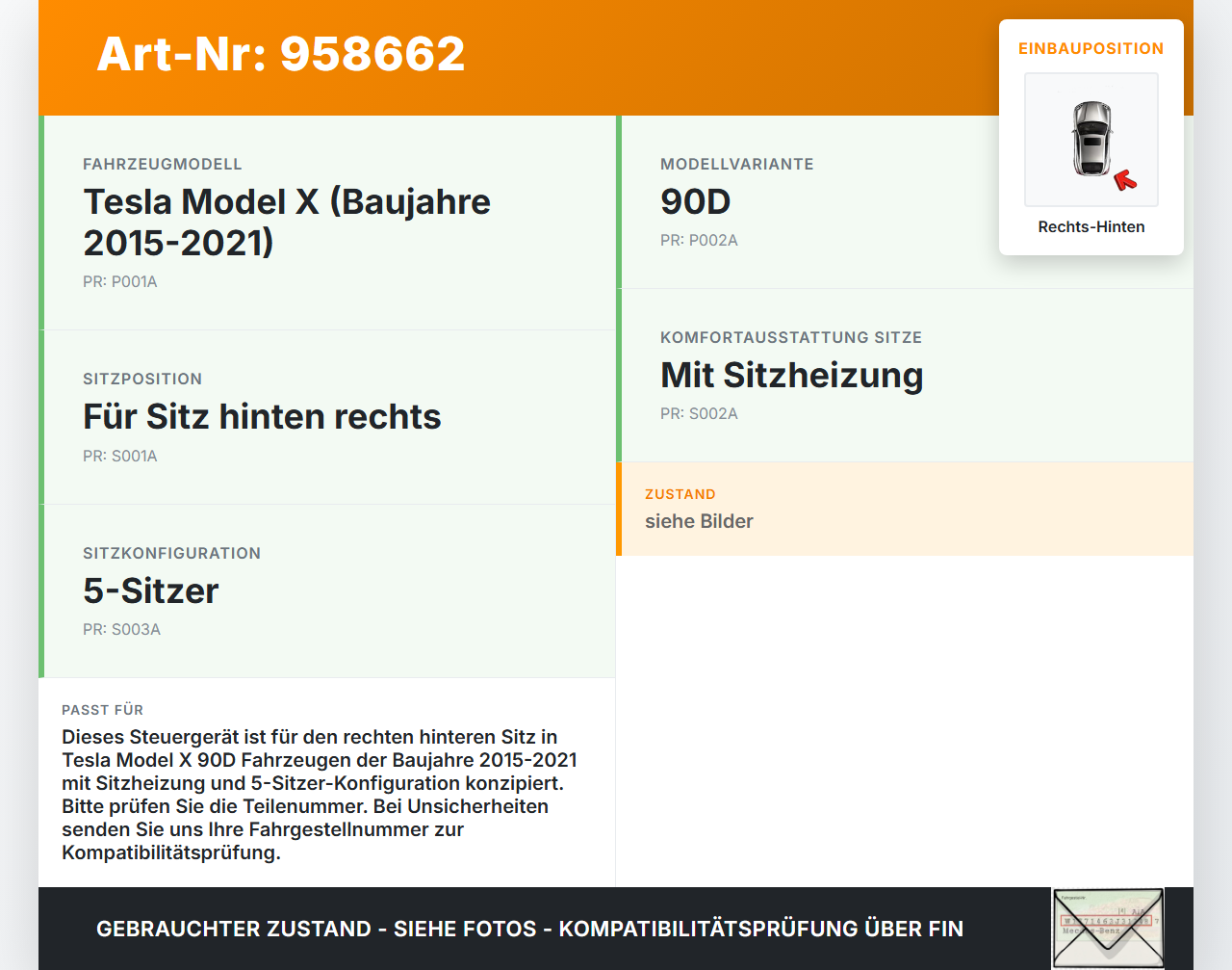 Tesla Model X 90D 15-21 Steuergerät ECU Modul Sitz Rechts Hinten Tesla Model X 90D 15-21 19.05.2017 1054069-10-F... Vorschau 3