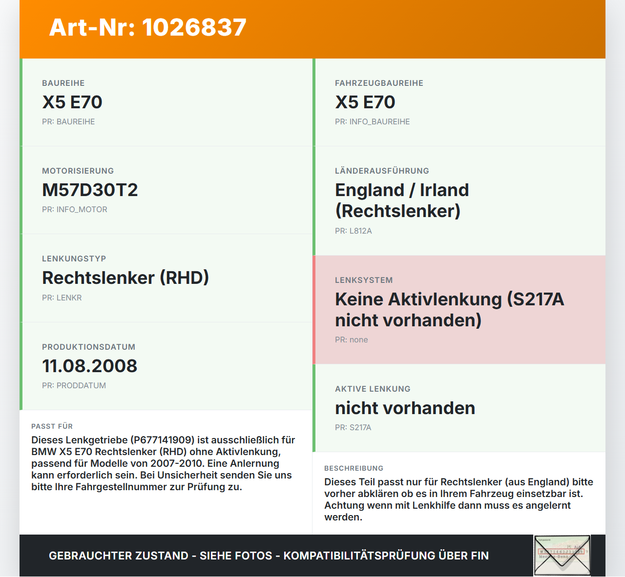 BMW X5 E70 07-10 RHD Lenkgetriebe Servolenkung BMW X5 E70 07-10 07.10.2008 P677141909 gebraucht Vorschau 3