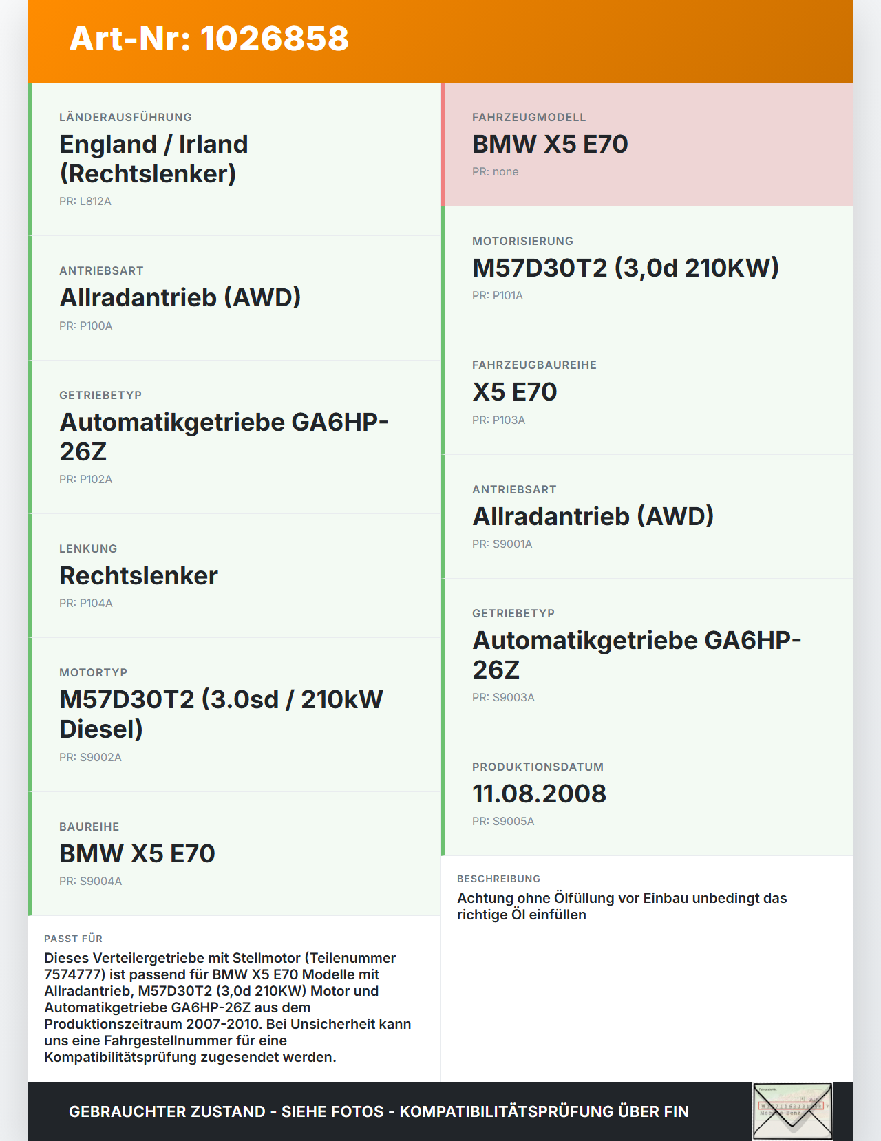 BMW X5 E70 07-10 3,0d 210KW 4WD Verteilergetriebe Getriebe mit Actuator Stellmotor BMW X5 E70 07-10 07.10.2008... Vorschau 3