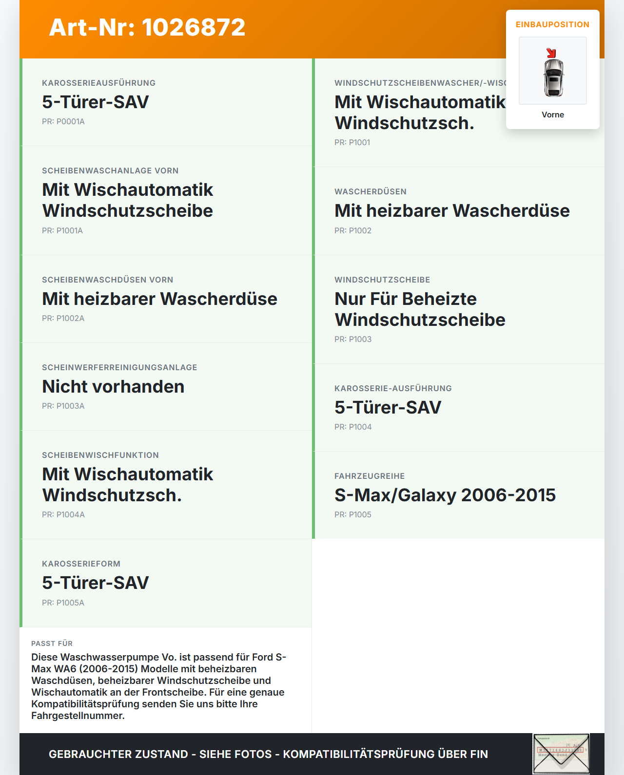 Ford S-Max WA6 06-10 Waschwasserpumpe Wischwasserpumpe Waschpumpe Vo. Ford S-Max WA6 06-10 27.09.2006 gebraucht Vorschau 3