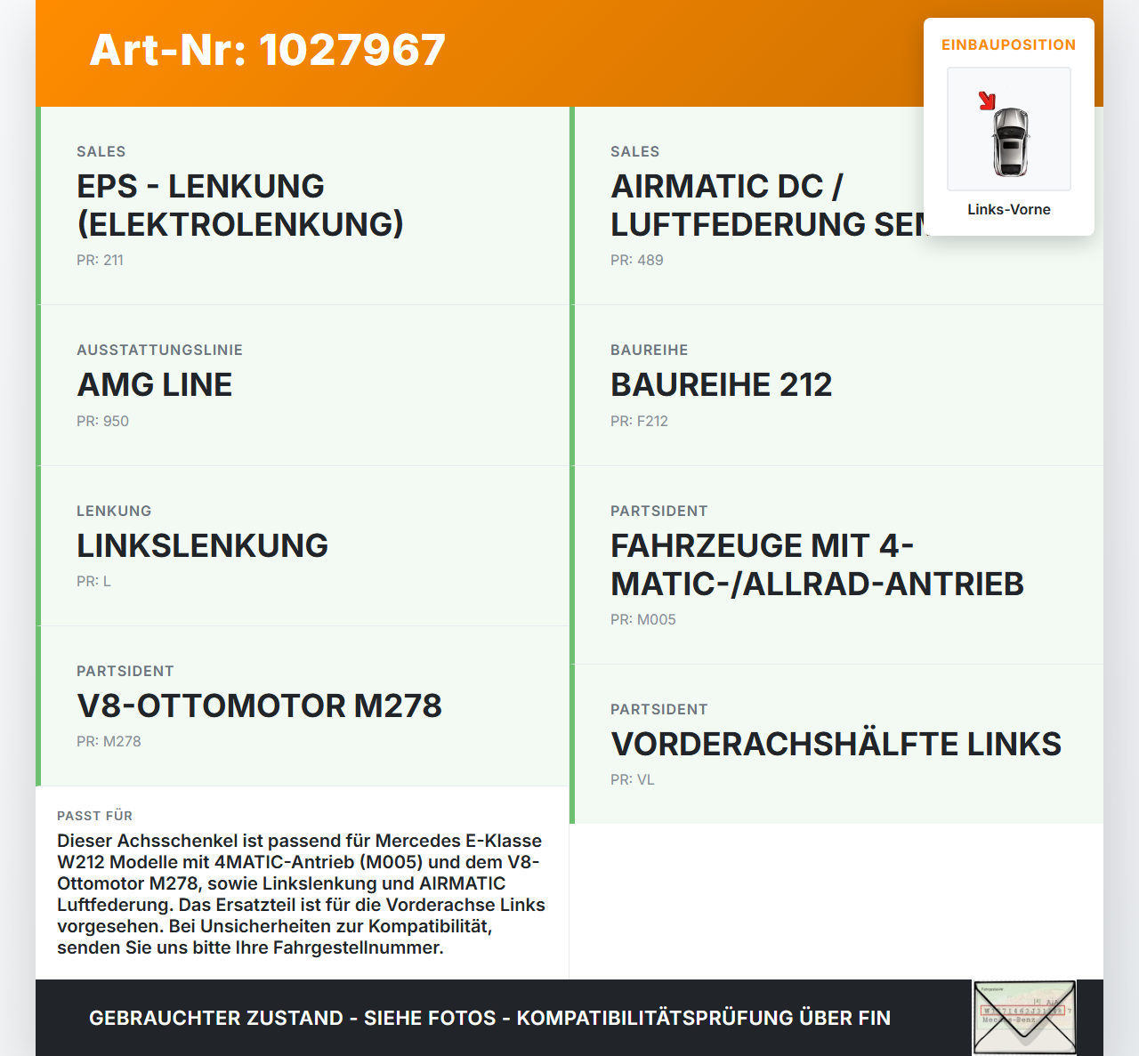 Mercedes E500 W212 09-13 4,7 300KW Achsschenkel Radnabe Links Vorne Mercedes E500 W212 09-13 06.12.2011 A2123321501... Vorschau 3