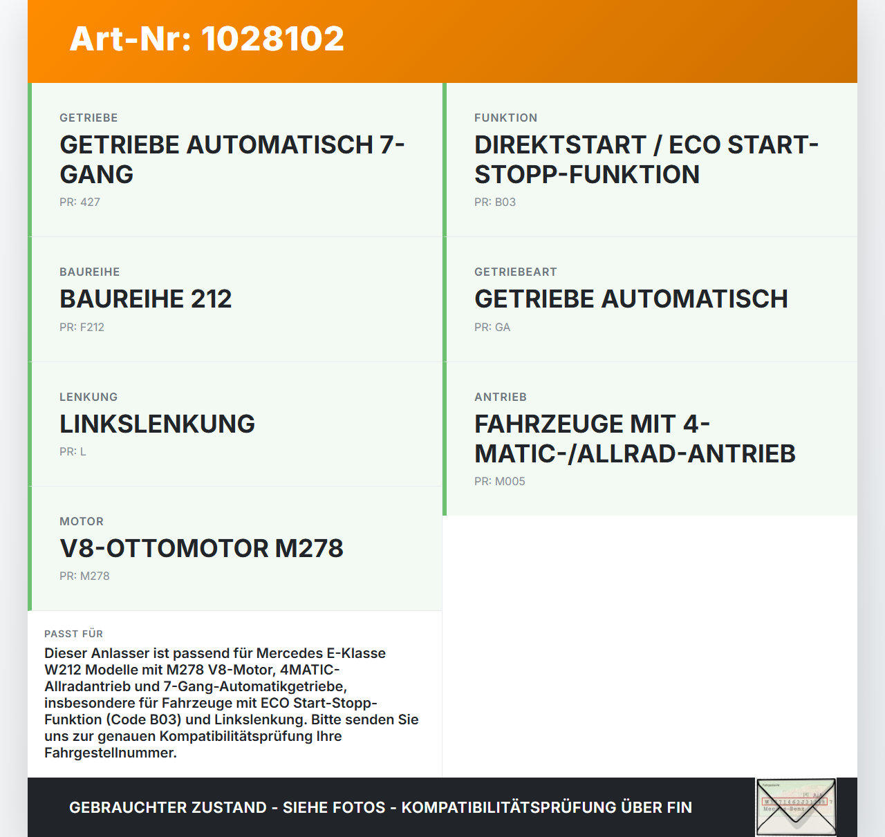 Mercedes E500 W212 09-13 4,7 300KW Autom Anlasser Starter Mercedes E500 W212 09-13 06.12.2011 A2789060700... Vorschau 3
