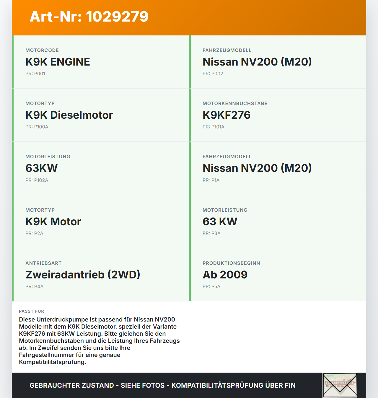 Nissan NV200 09-21 dCi 1,5 63KW K9KF276 Unterdruckpumpe Vakuumpumpe Nissan NV200 09-21 01.08.2010 1465000Q1F gebraucht Vorschau 3