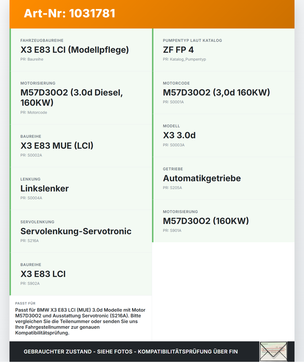BMW X3 E83 LCI 06-10 3,0d 160KW Servopumpe Hydraulikpumpe für Lenkung BMW X3 E83 LCI 06-10 09.07.2008 3450765... Vorschau 3