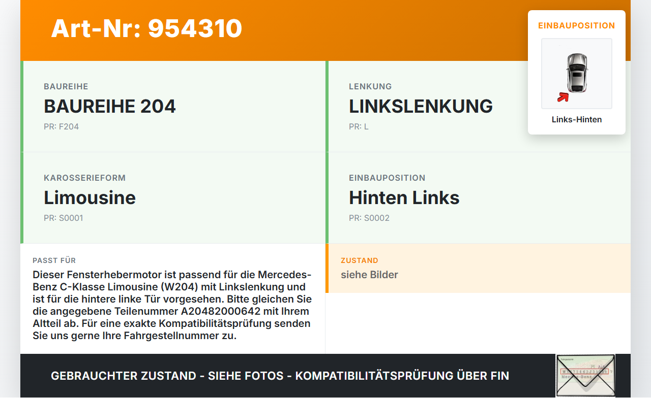 Mercedes W204 C320 07-14 Lim Fensterhebermotor Links Hinten Mercedes W204 C320 07-14 30.10.2007 A20482000642... Vorschau 3