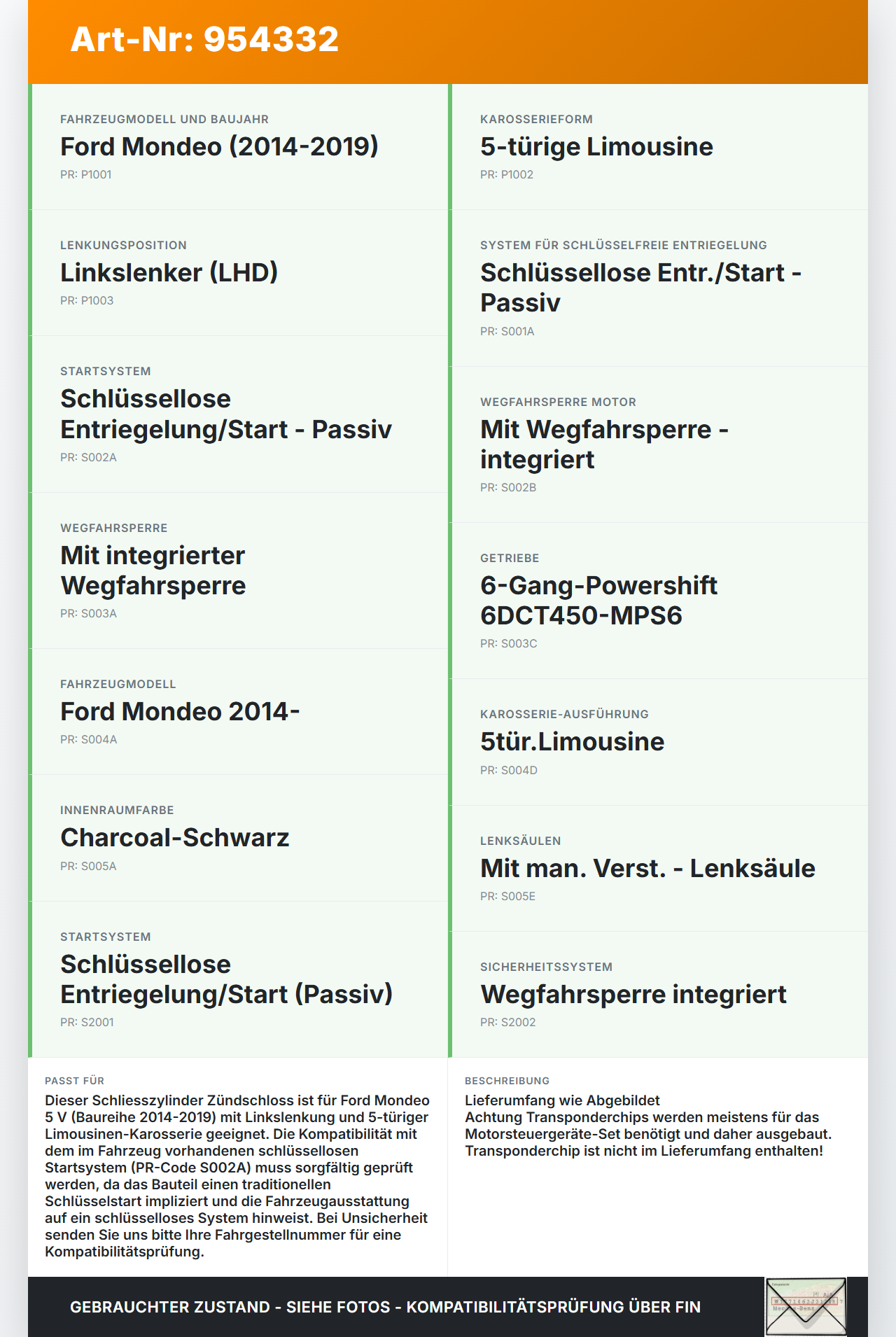 Ford Mondeo 5 V 14-19 Schliesszylinder Zündschloss 2x Schlüssel Schliessanlage Ford Mondeo 5 V 14-19 24.04.2017... Vorschau 3