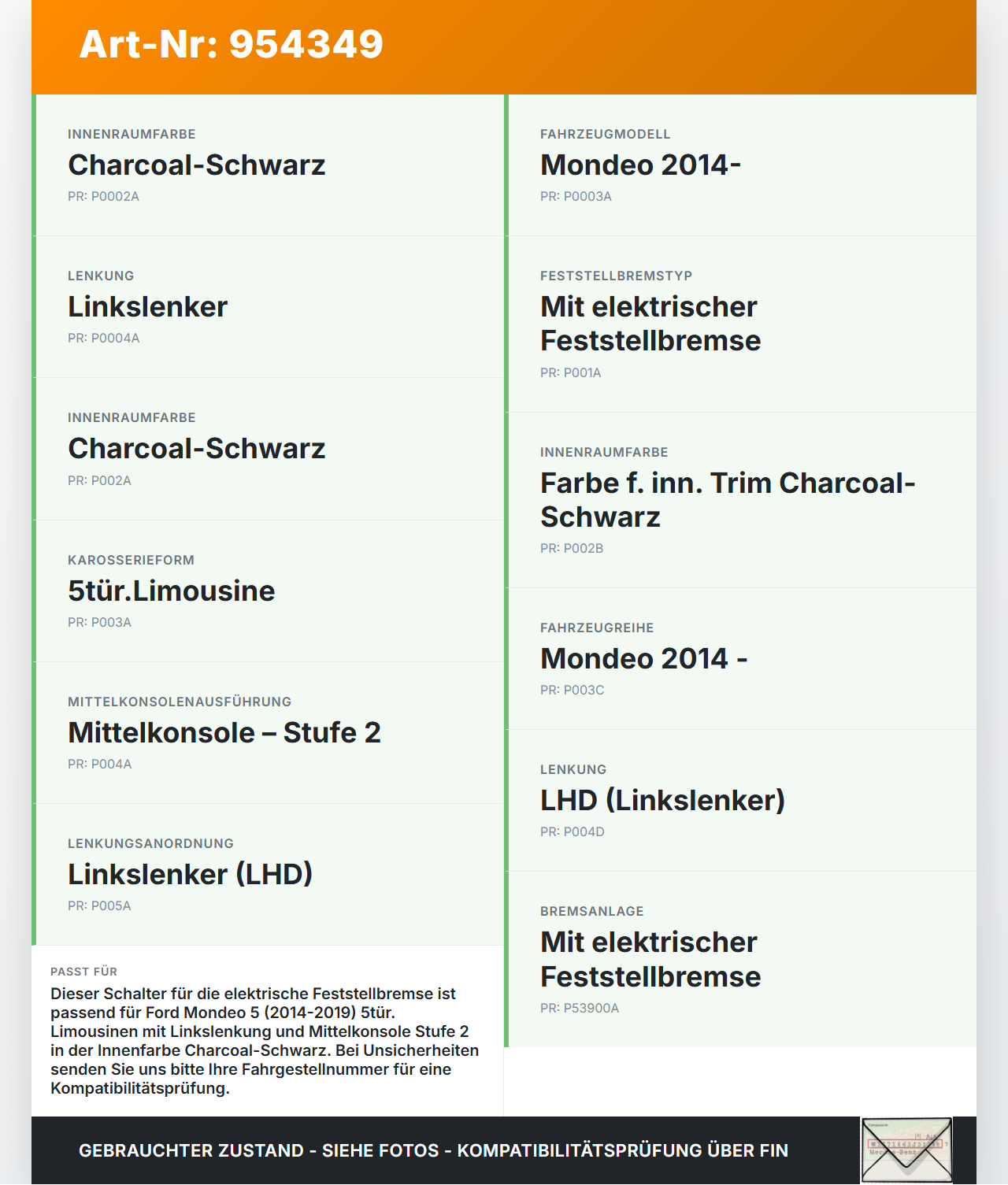 Ford Mondeo 5 V 14-19 Schalter für Parkbremse Feststellbremse Ford Mondeo 5 V 14-19 24.04.2017 FG9T-2B623-AB3JA6... Vorschau 3