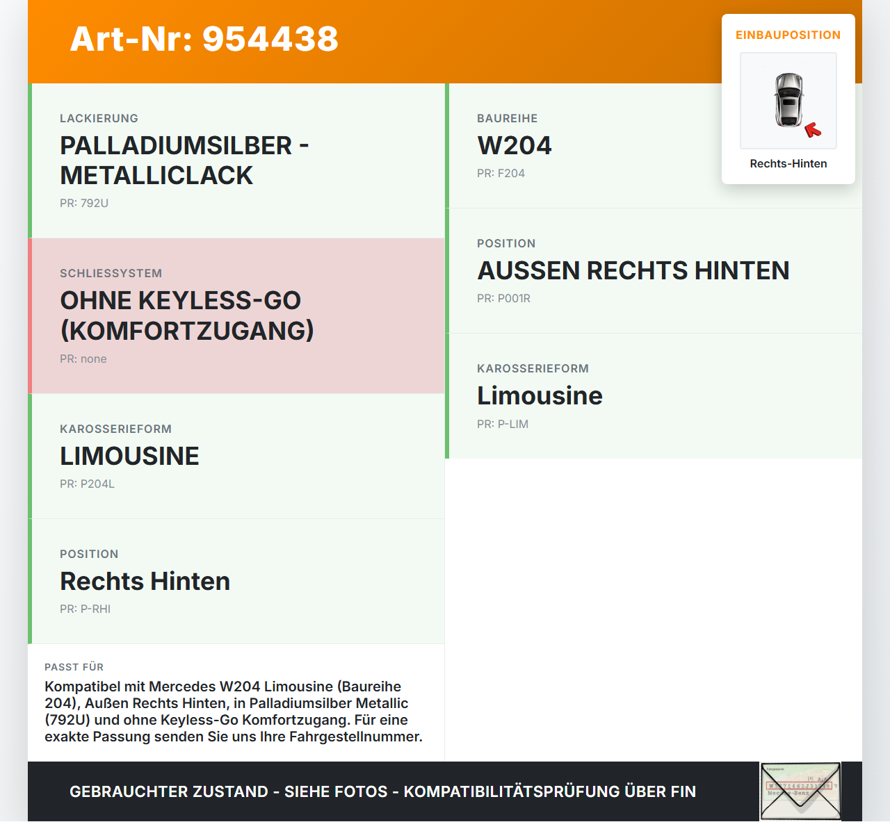 Mercedes W204 C320 07-14 Lim Türgriff Halterung Griff aussen Rechts Hinten 792 Mercedes W204 C320 07-14 30.10.2007... Vorschau 3