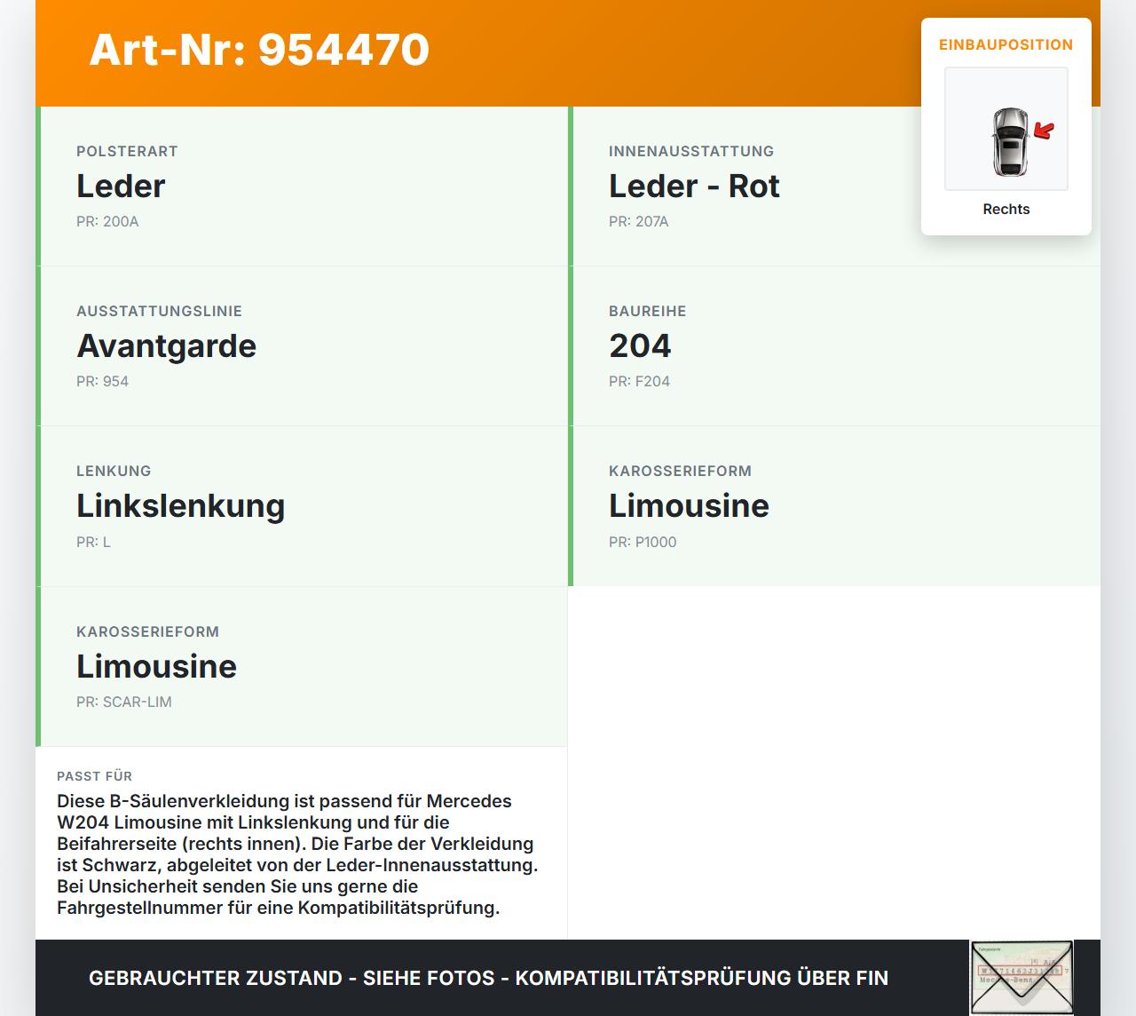 Mercedes W204 C320 07-14 Lim Verkleidung für B-Säule Rechts innen Mercedes W204 C320 07-14 30.10.2007 A2046900225... Vorschau 3