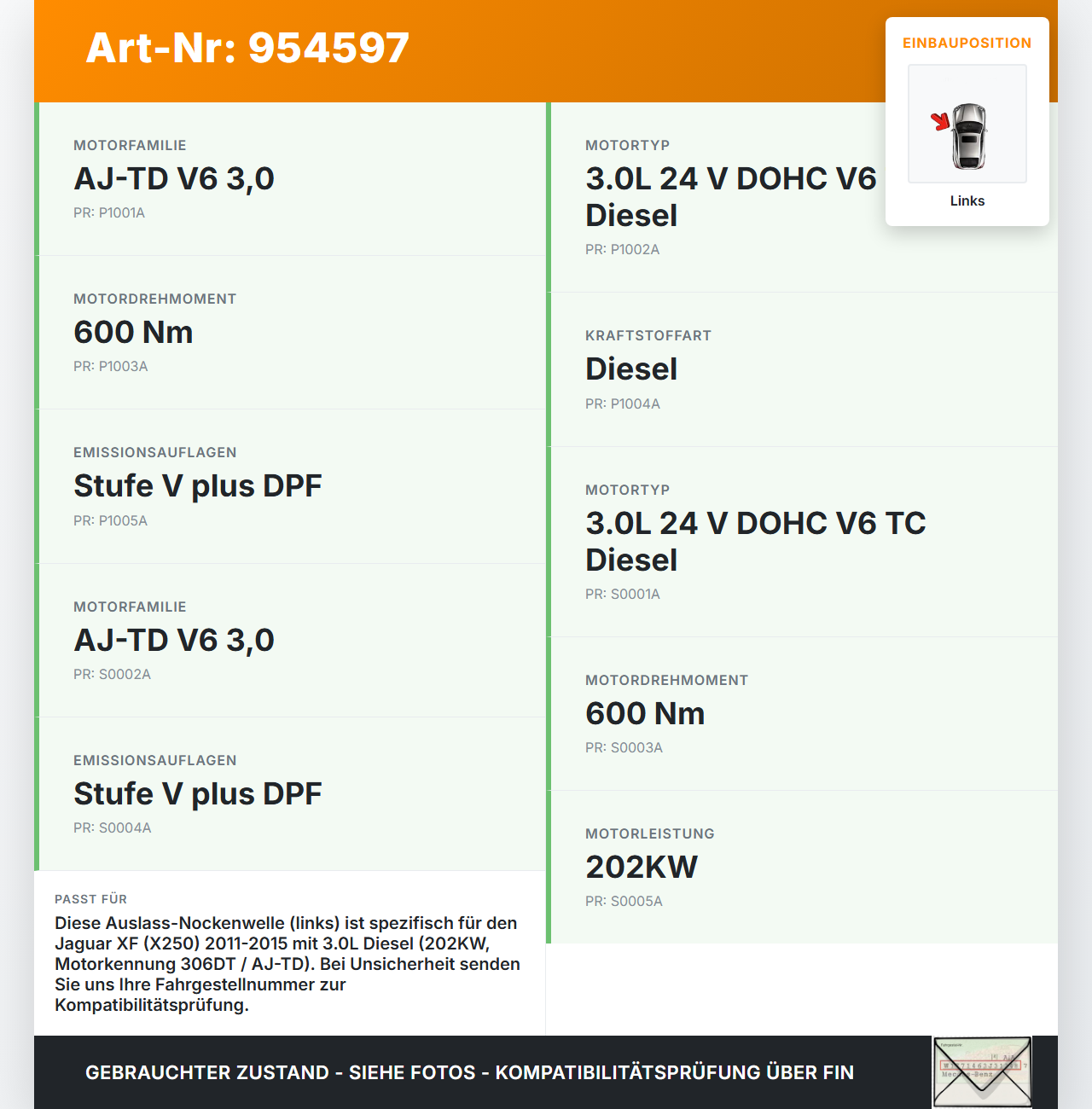 Jaguar XF X250 11-15 3,0D 202KW 306DT AJ-TD Nockenwelle Auslass Links Jaguar XF X250 11-15 13.04.2015 JDE36146... Vorschau 3