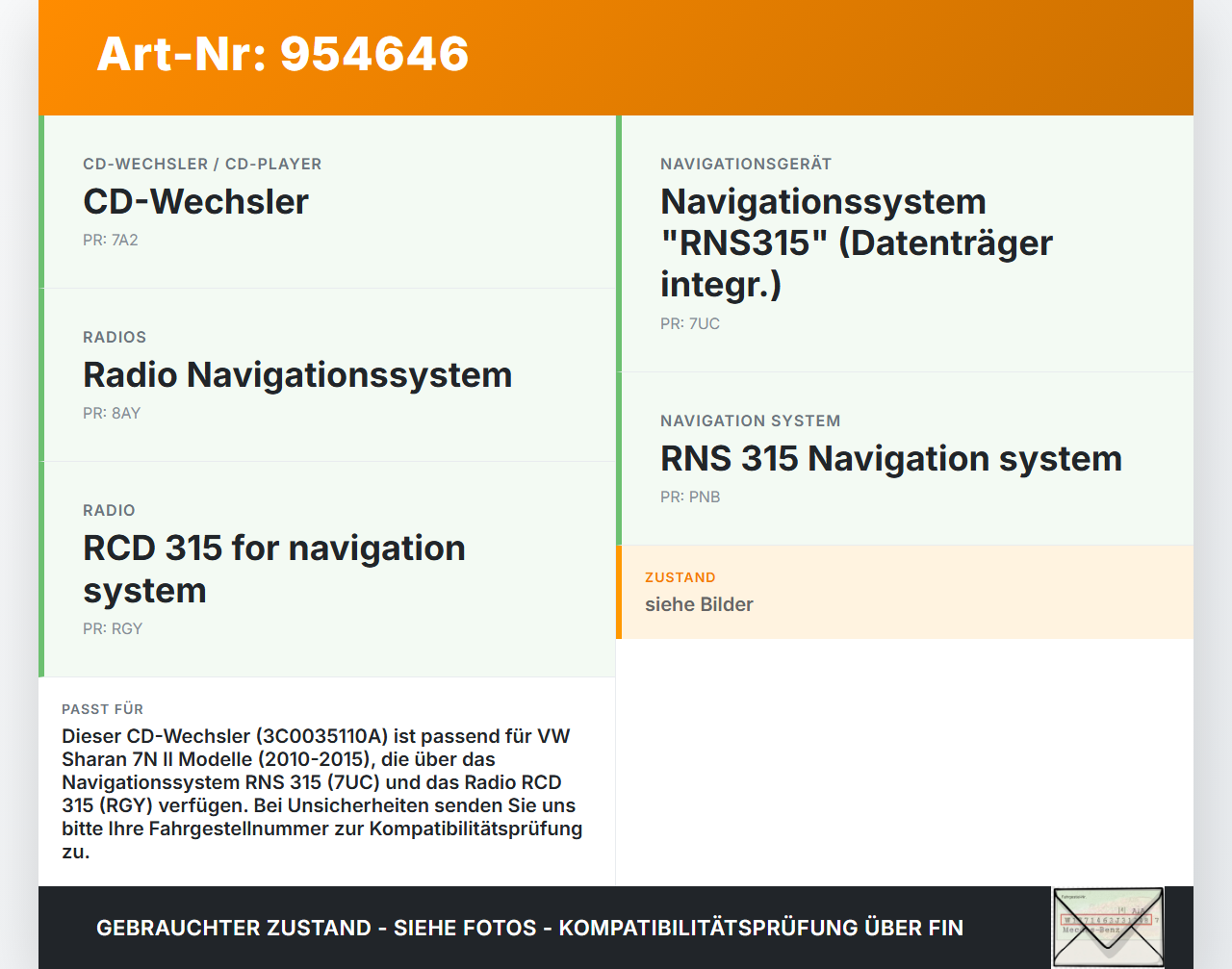 VW Sharan 7N II 10-15 CD-Wechsler Wechsler orig. VW Sharan 7N II 10-15 22.07.2011 3C0035110A gebraucht Vorschau 3