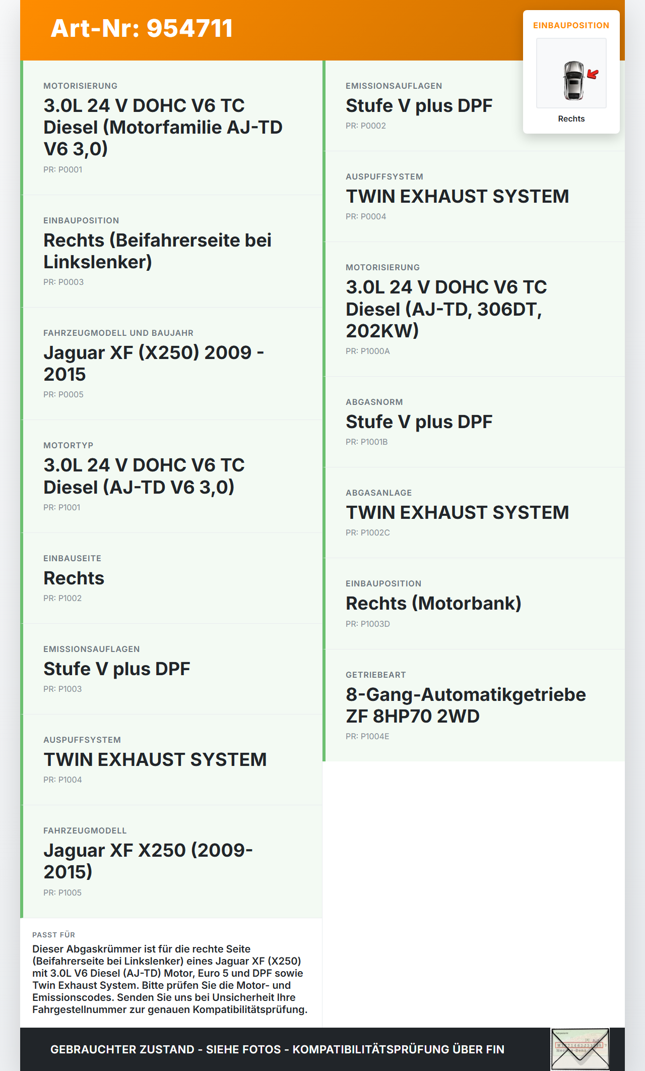 Jaguar XF X250 11-15 3,0D 202KW 306DT AJ-TD Abgaskrümmer Rechts Jaguar XF X250 11-15 13.04.2015 JDE37447 gebraucht Vorschau 3