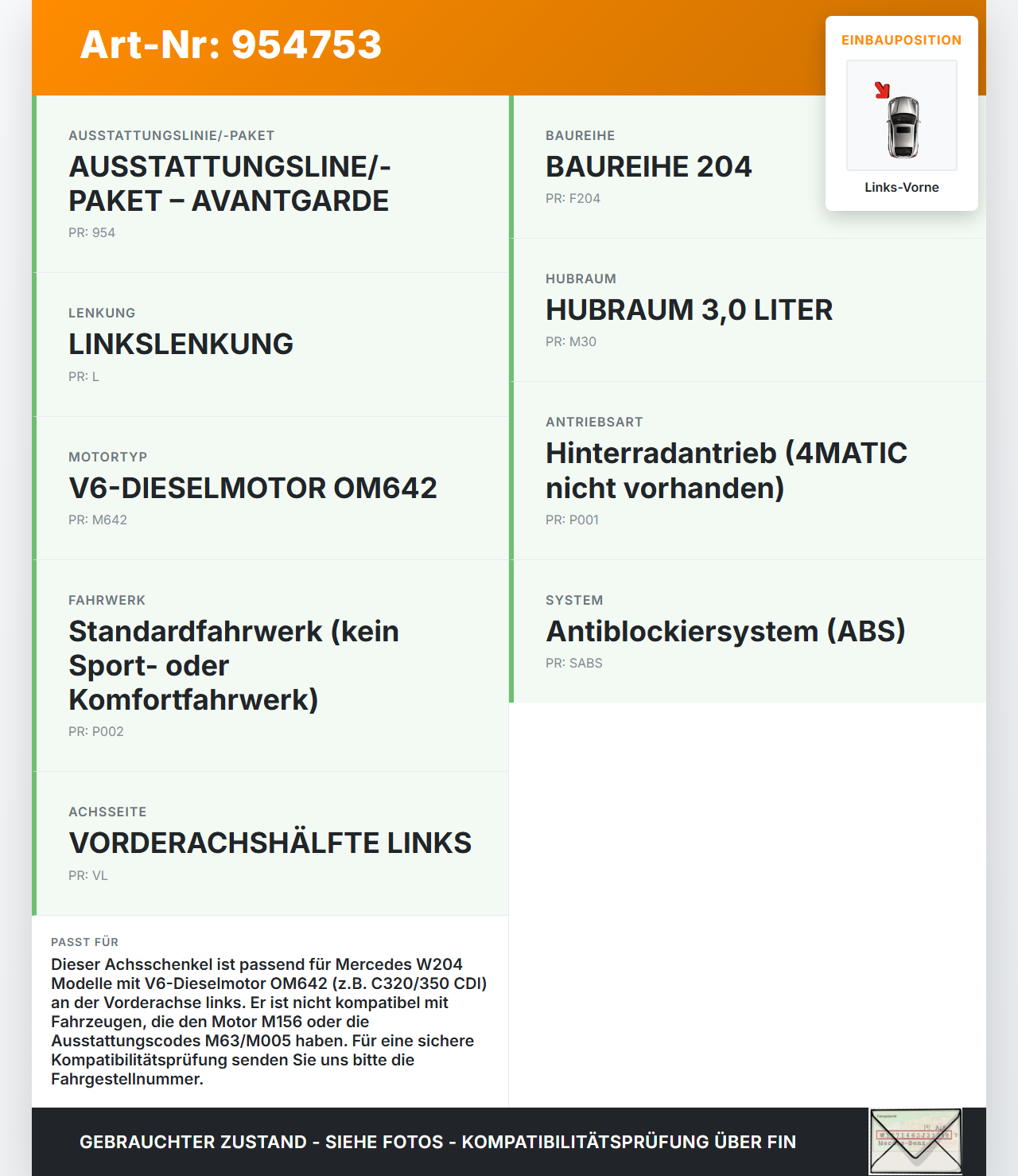 Mercedes W204 C320 07-14 CDI 3,0 165KW Achsschenkel Radnabe mit ABS Links Vorne Mercedes W204 C320 07-14 30.10.2007... Vorschau 3