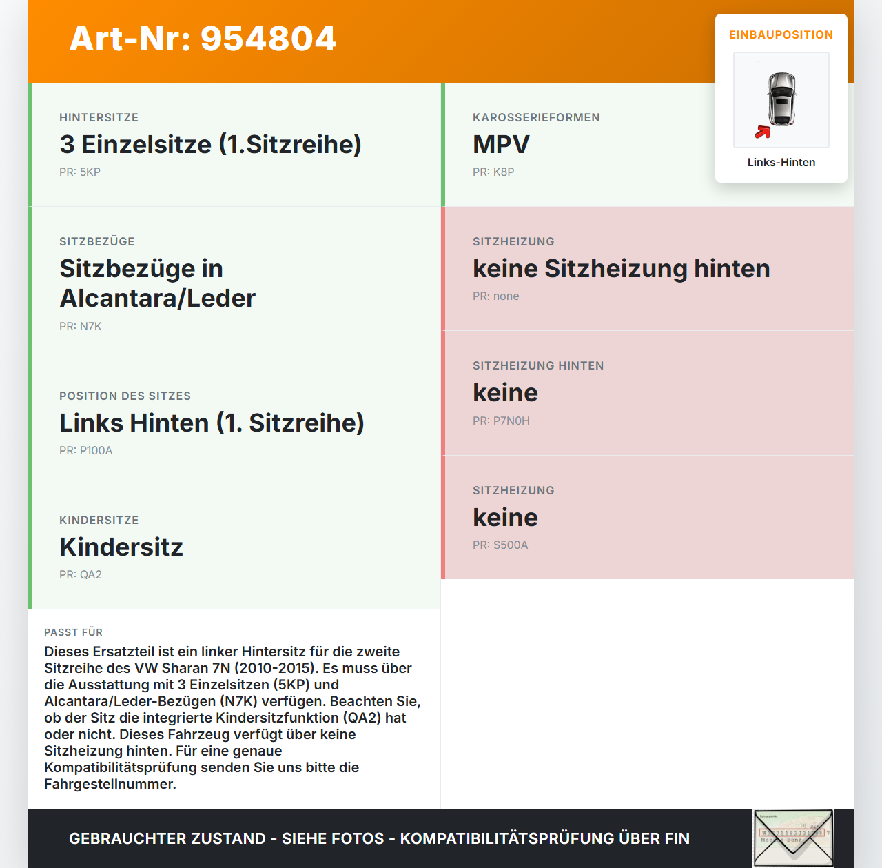 VW Sharan 7N II 10-15 Sitz Links Hinten VW Sharan 7N II 10-15 22.07.2011 gebraucht Vorschau 3
