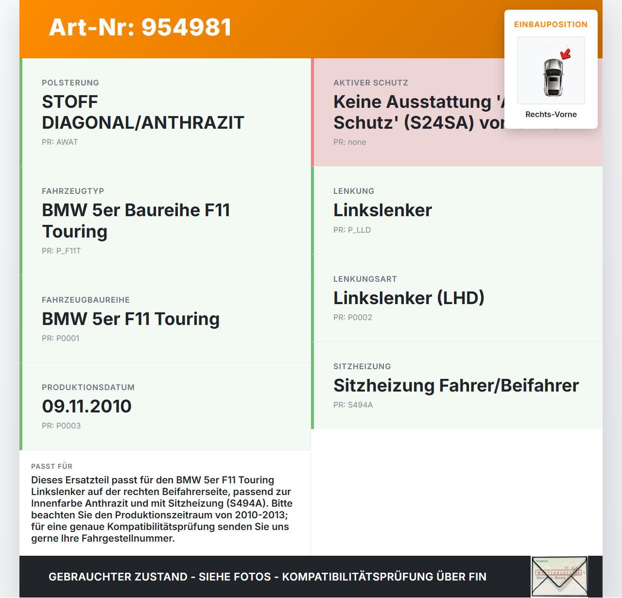BMW F11 10-13 5er 525D Kombi Gurtstraffer Beifahrer Gurtstrammer Rechts Vorne BMW F11 10-13 5er 525D 25.01.2011... Vorschau 3