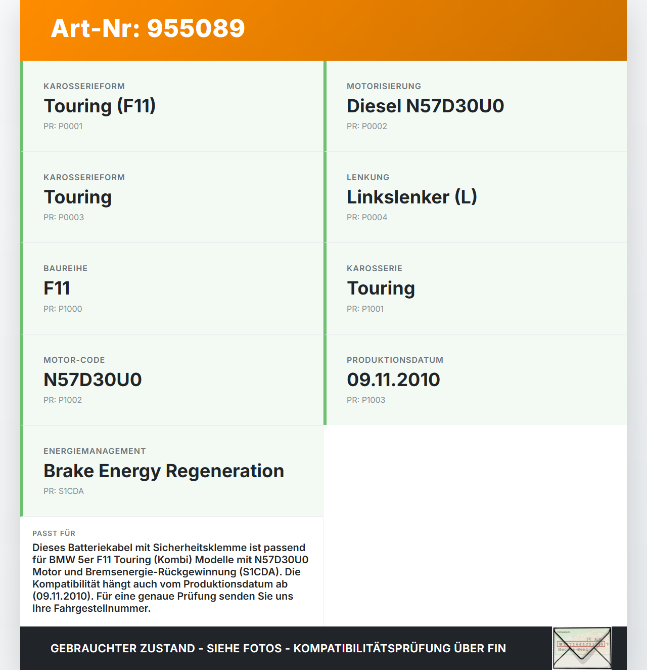BMW F11 10-13 5er 525D Kombi Batteriekabel Plus Sicherheitsbatterieklemme BMW F11 10-13 5er 525D 25.01.2011 9217036... Vorschau 3