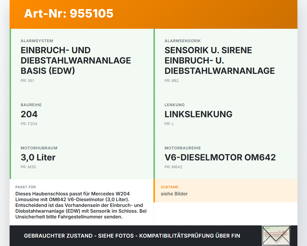 Mercedes W204 C320 07-14 Haubenschloss Motorhaubenschloss Schloss Mercedes W204 C320 07-14 30.10.2007 A2048800064... Vorschau 3