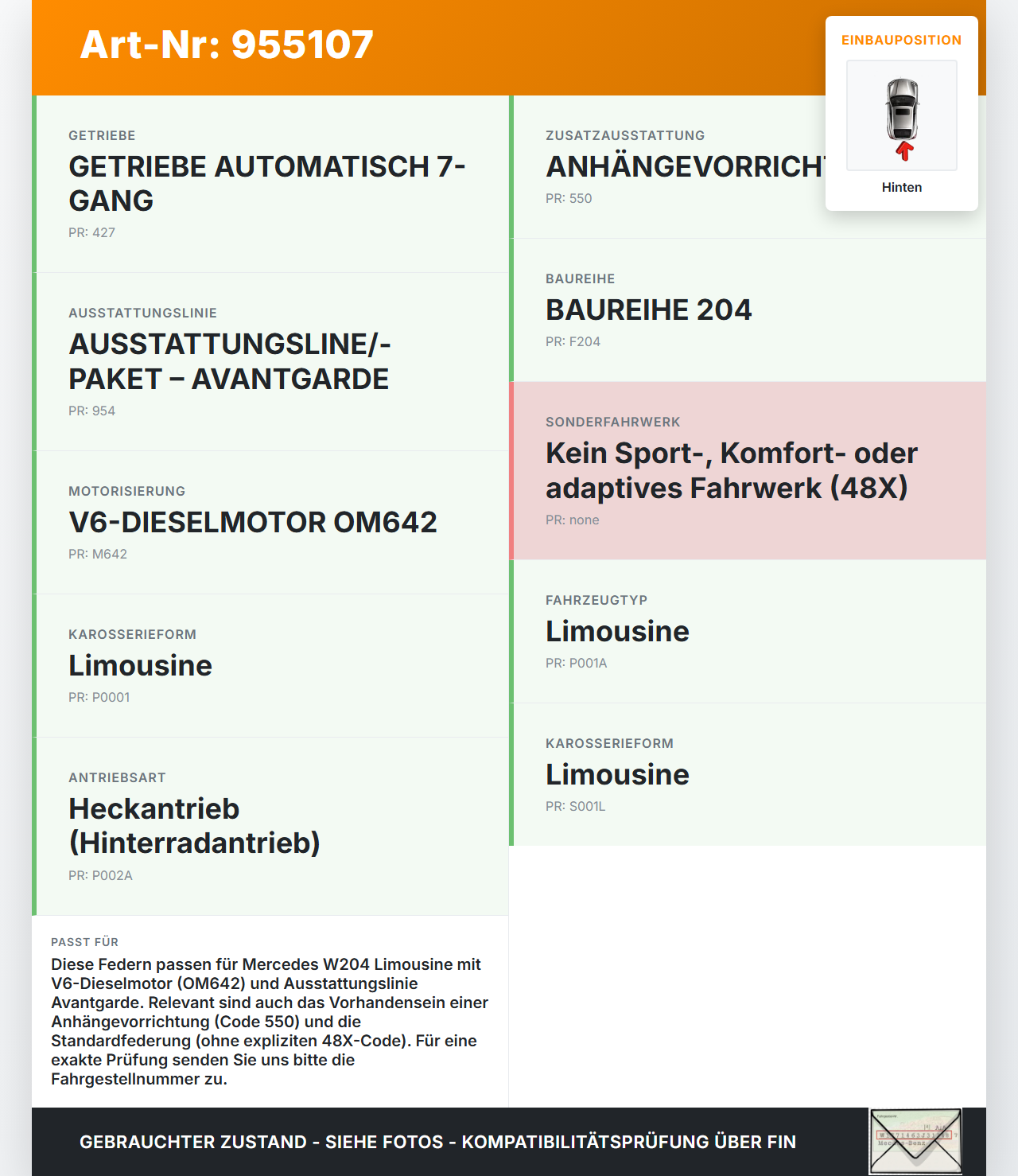 Mercedes W204 C320 07-14 Lim Beide Feder Federn Hinten Mercedes W204 C320 07-14 30.10.2007 A2043240404 gebraucht Vorschau 3