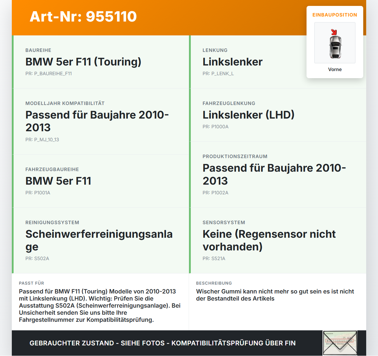 BMW F11 10-13 5er 525D 2x Scheibenwischer Wischarm Vorne BMW F11 10-13 5er 525D 25.01.2011 7203156 61617203156 gebraucht Vorschau 3