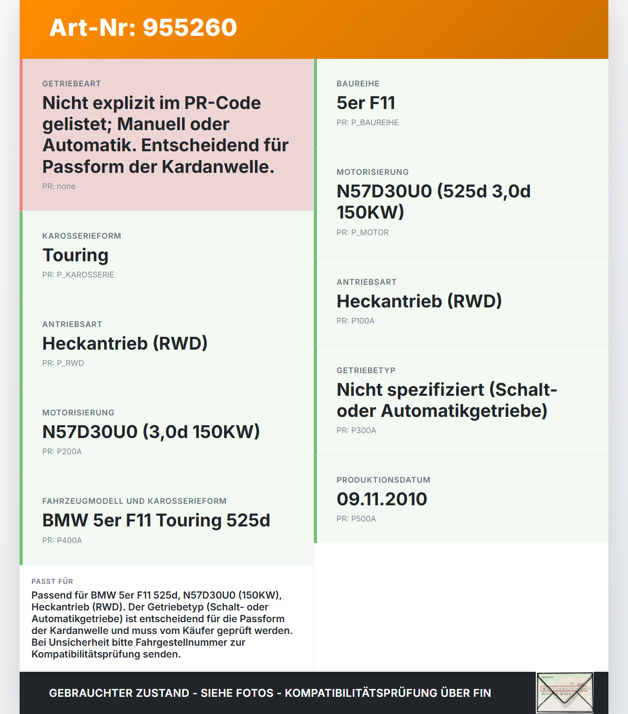 BMW F11 10-13 5er 525D 3,0d 150KW Kardanwelle Gelenkwelle BMW F11 10-13 5er 525D 25.01.2011 7582212-10 gebraucht Vorschau 3