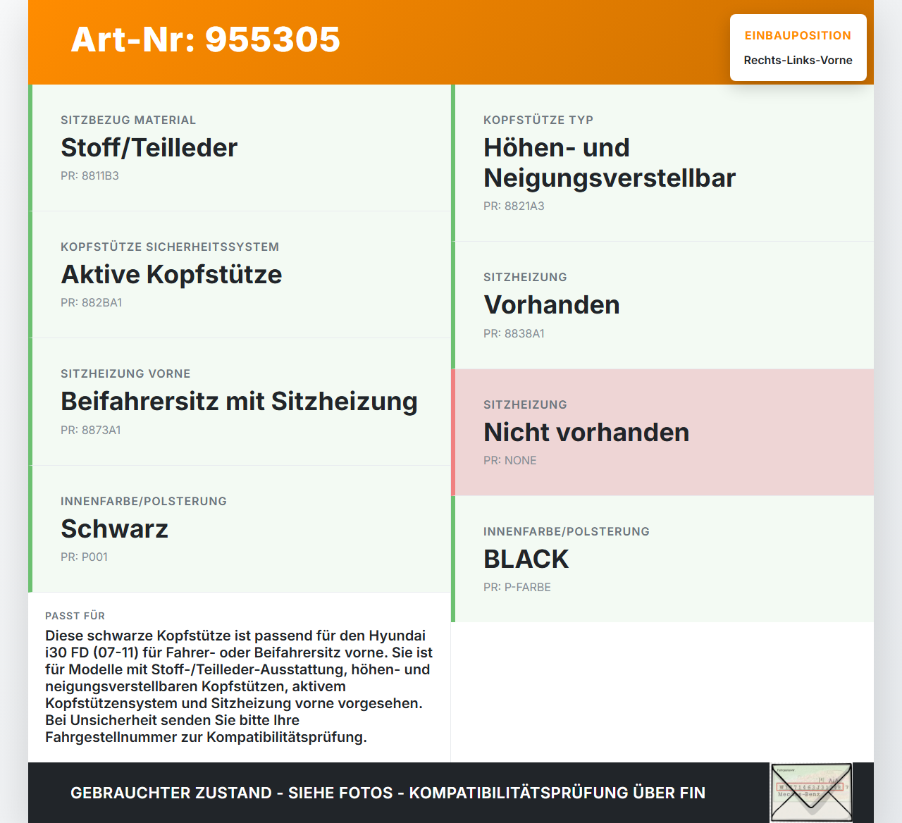 Hyundai I30 FD 07-11 5T Kopfstütze für Beifahrer Sitz Rechts oder Links Vorne Hyundai I30 FD 07-11 27.11.2007 gebraucht Vorschau 3