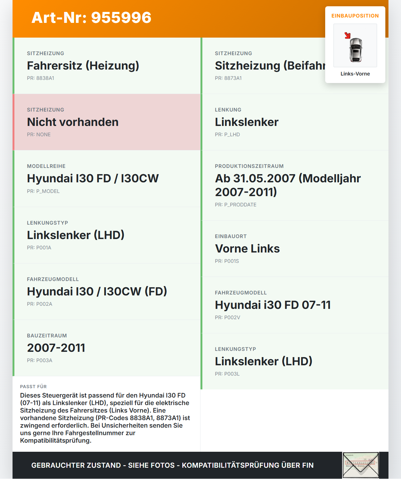Hyundai I30 FD 07-11 Steuergerät SG für Elektr. Sitzheizung Links Vorne Hyundai I30 FD 07-11 27.11.2007 881962L000... Vorschau 3