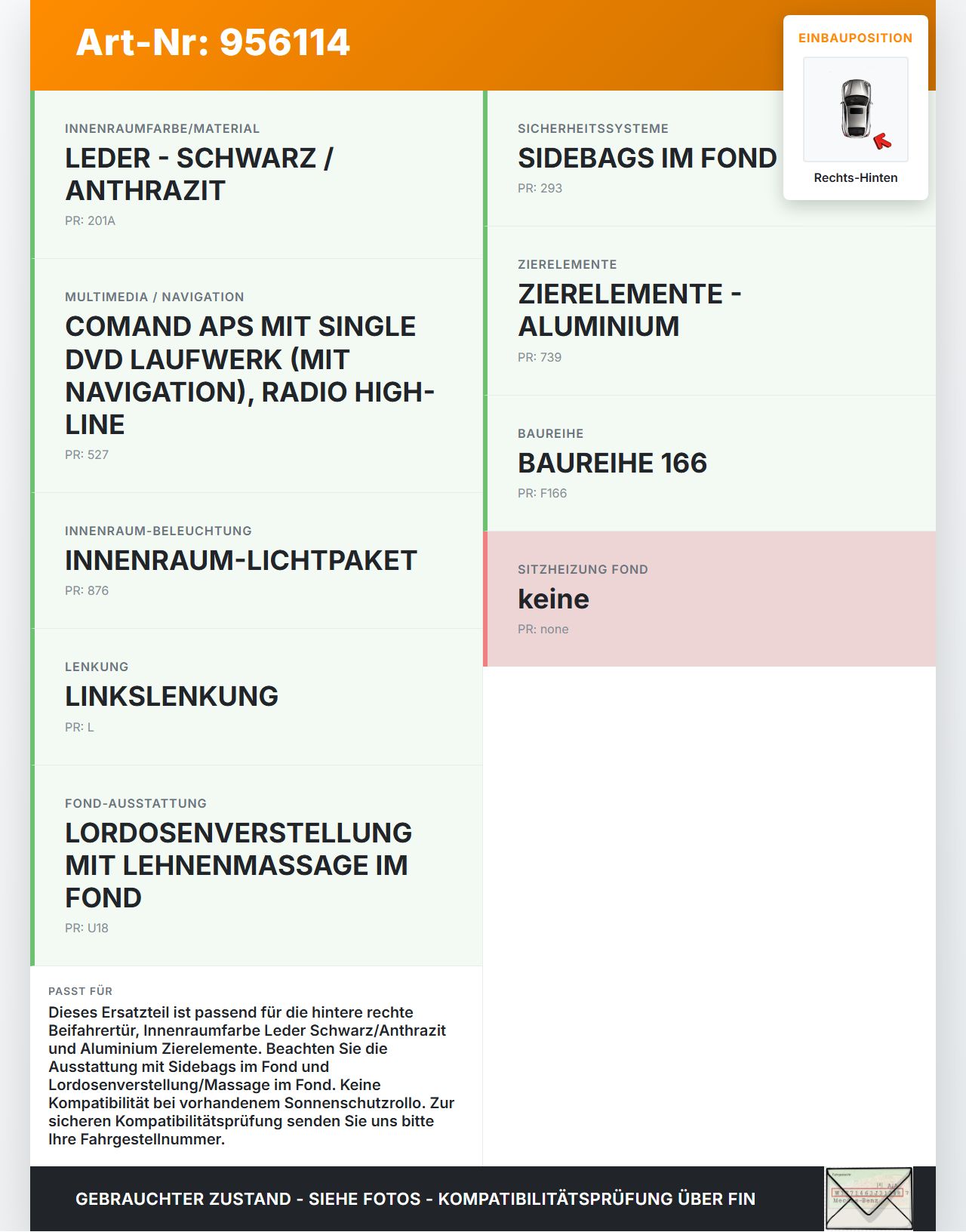 Mercedes W166 ML 350 11-15 Türverkleidung Türpappe Rechts Hinten Mercedes W166 ML 350 11-15 04.04.2012 A1667300270... Vorschau 3