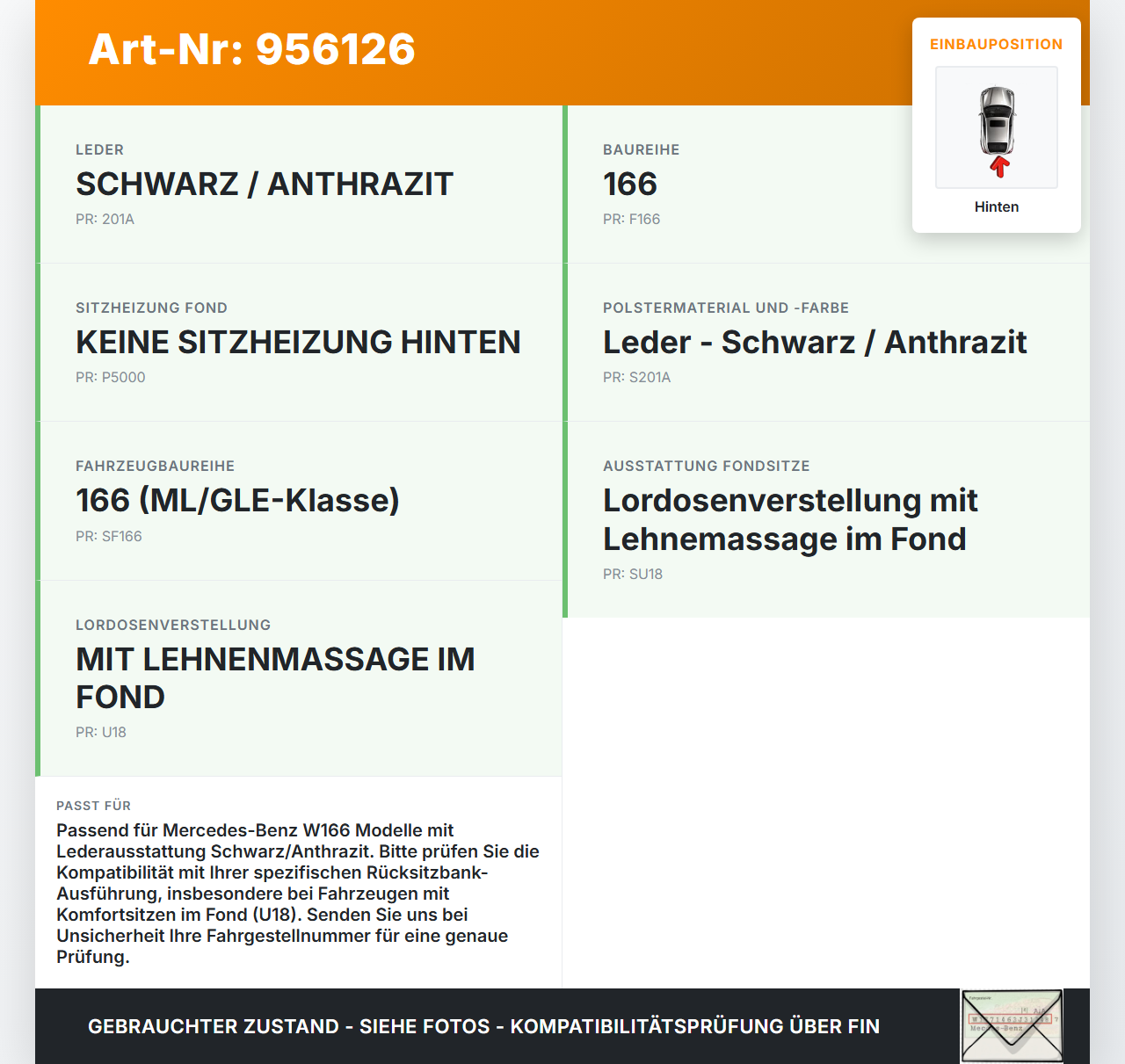 Mercedes W166 ML 350 11-15 Kopfstütze Mitte Hinten Leder Mercedes W166 ML 350 11-15 04.04.2012 A1669701050 gebraucht Vorschau 3