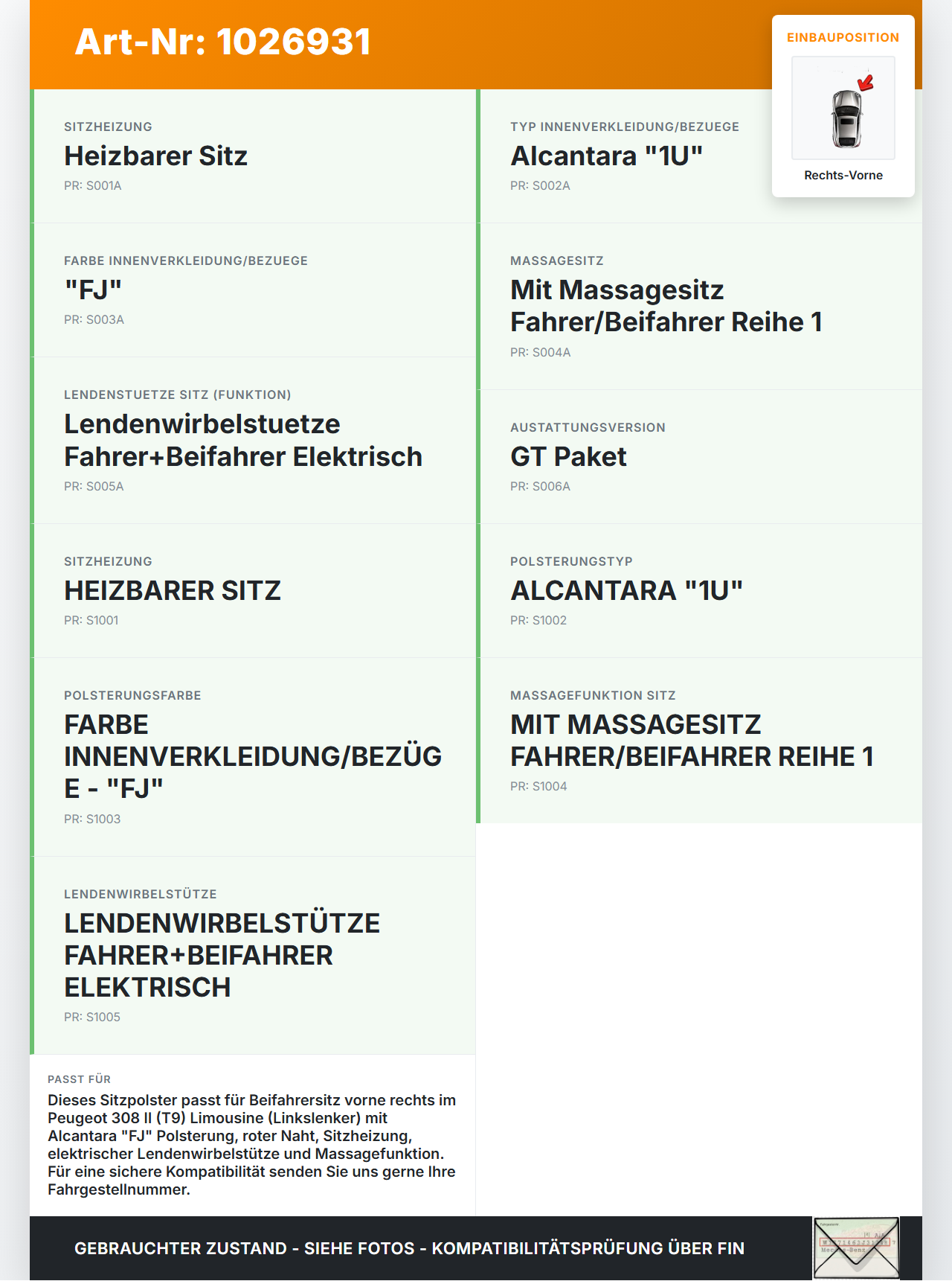 Peugeot 308 II 17-21 Lim Sitzbezug Sitzpolster für Beifahrersitz Rechts Vorne beheizt rote Naht Peugeot 308 II... Vorschau 3