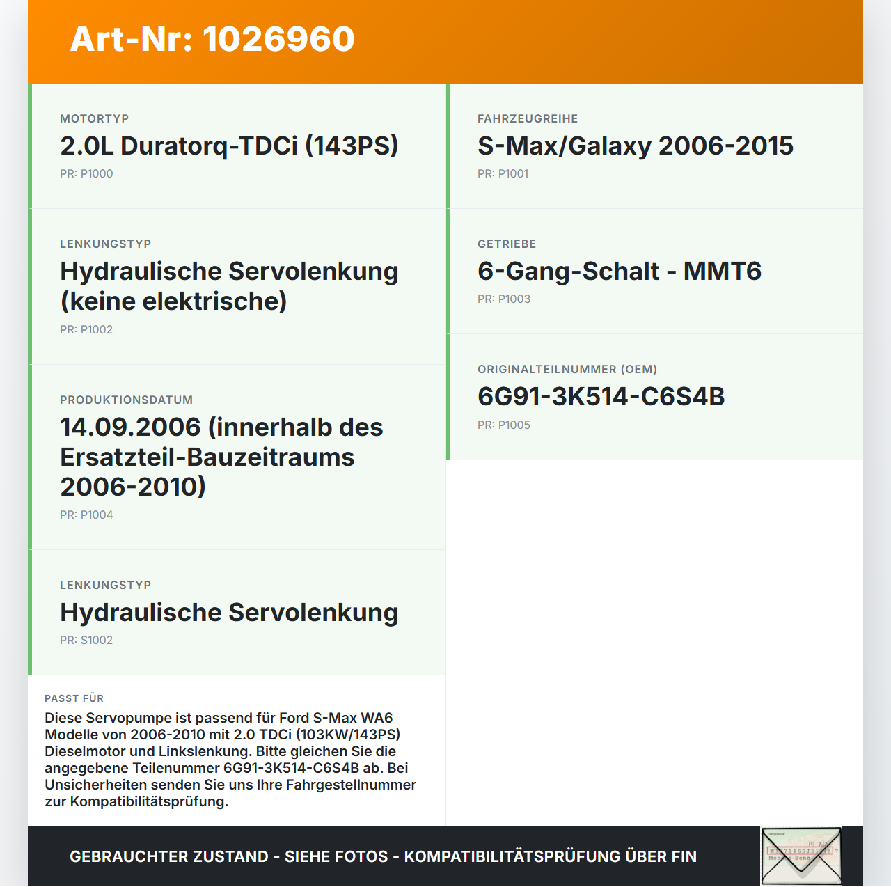 Ford S-Max WA6 06-10 TDCi 2,0 103KW Servopumpe Hydraulikpumpe Lenkung Ford S-Max WA6 06-10 27.09.2006... Vorschau 3