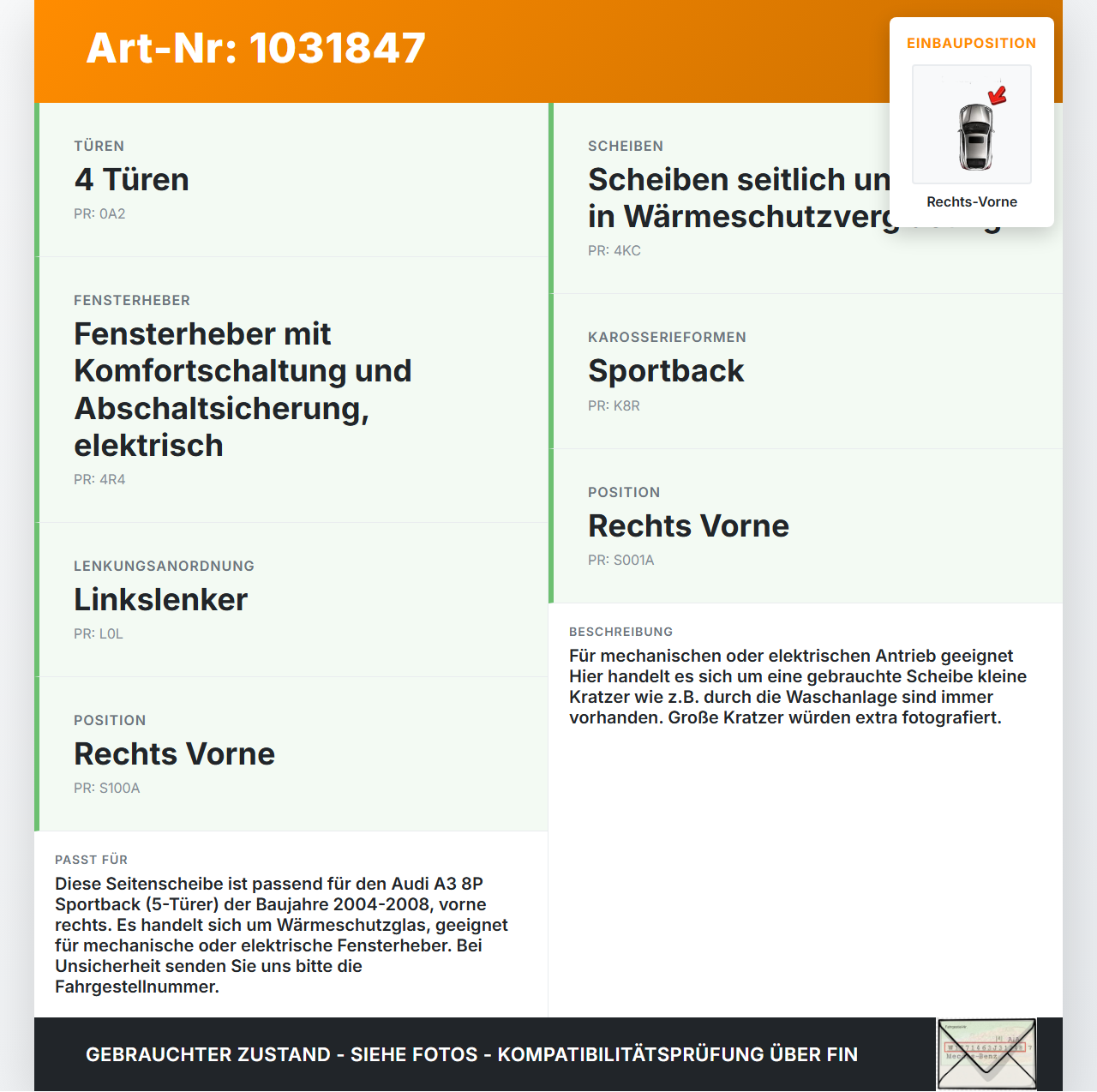 Audi A3 8P 04-08 5T RVK Seitenscheibe für Tür Türscheibe Rechts Vorne Audi A3 8P 04-08 12.10.2007 8P4845202A gebraucht Vorschau 3