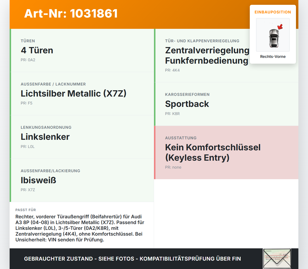 Audi A3 8P 04-08 5T Türgriff Griff aussen Rechts Vorne LX7Z Audi A3 8P 04-08 12.10.2007 a8E0839207 gebraucht Vorschau 3