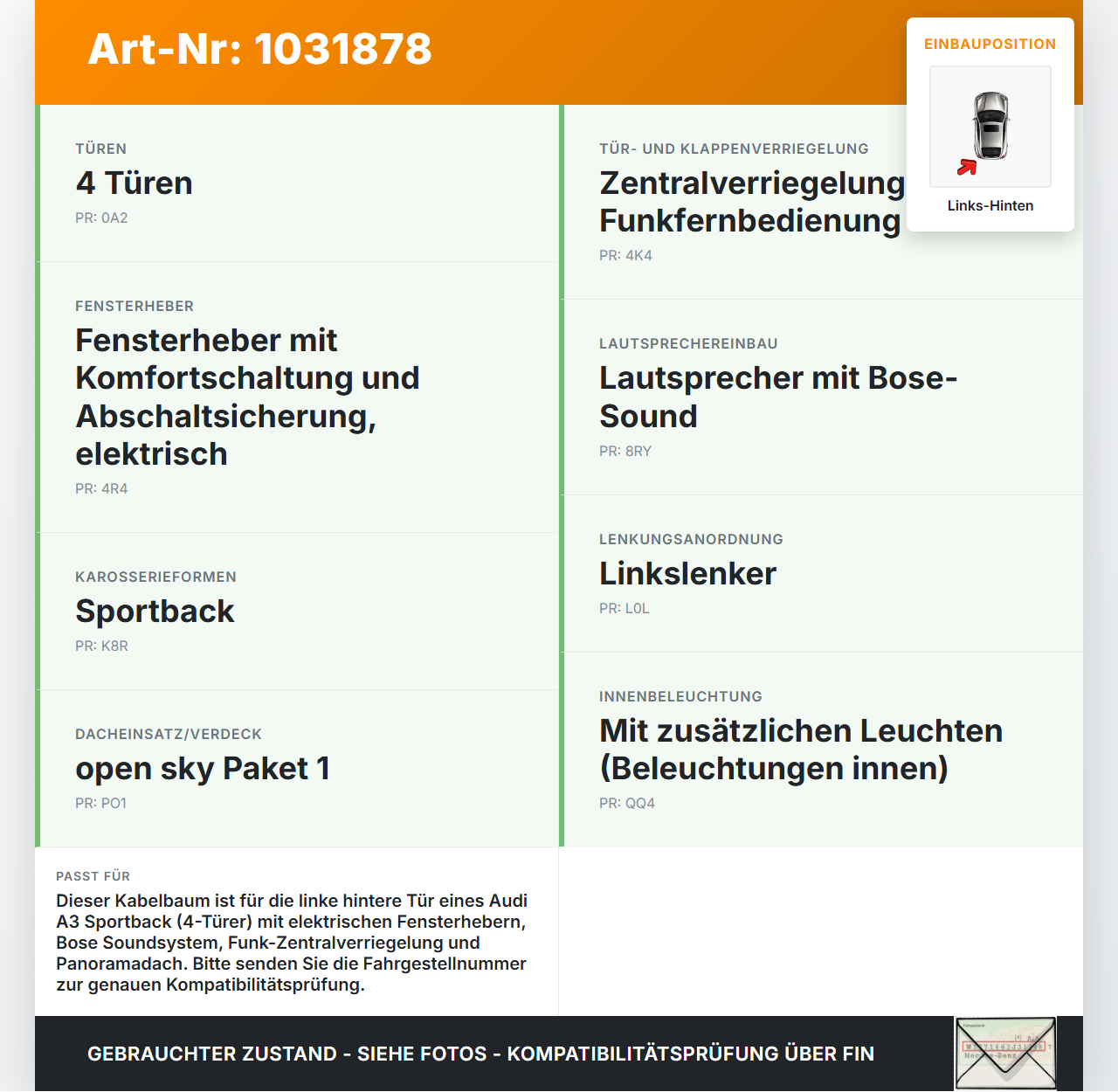 Audi A3 8P 04-08 5T Kabelbaum für Tür und Fensterheber Links Hinten Audi A3 8P 04-08 12.10.2007 a8P4971687R... Vorschau 3