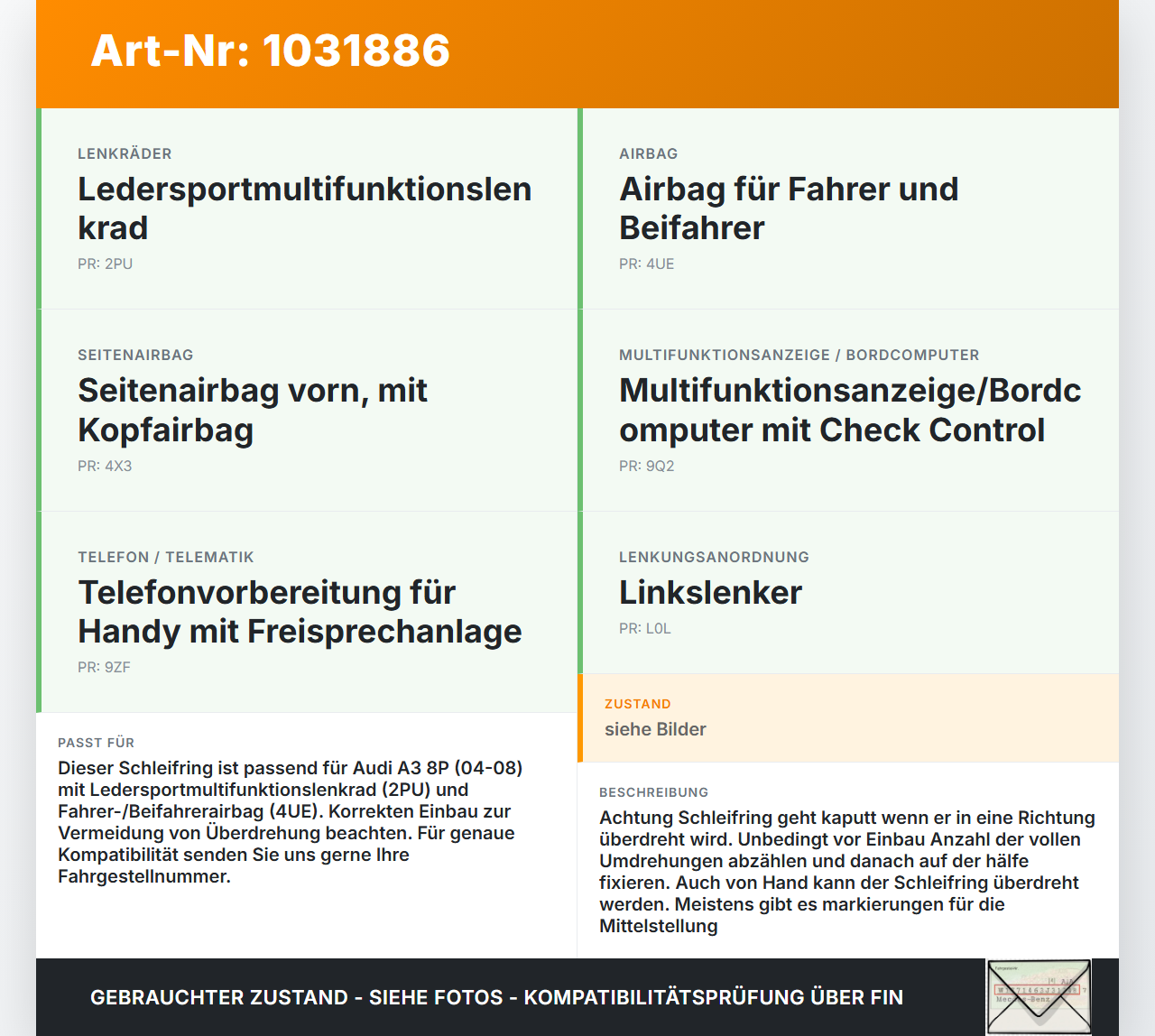 Audi A3 8P 04-08 Airbag Schleifring Wickelfeder Audi A3 8P 04-08 12.10.2007 1K0959653D 04303515 gebraucht Vorschau 3